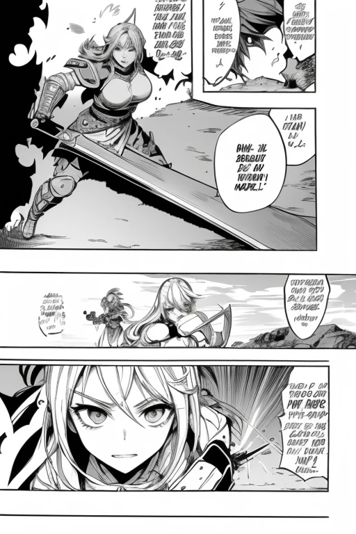 a detailed manga page, a female elf in conflict with a human, dramatic intense battle, highly detailed anime-style characters, intricate fantasy setting, lush green forest background, dramatic lighting, glowing magical effects, flowing hair, intense expression on faces, detailed clothing and armor, cinematic camera angle