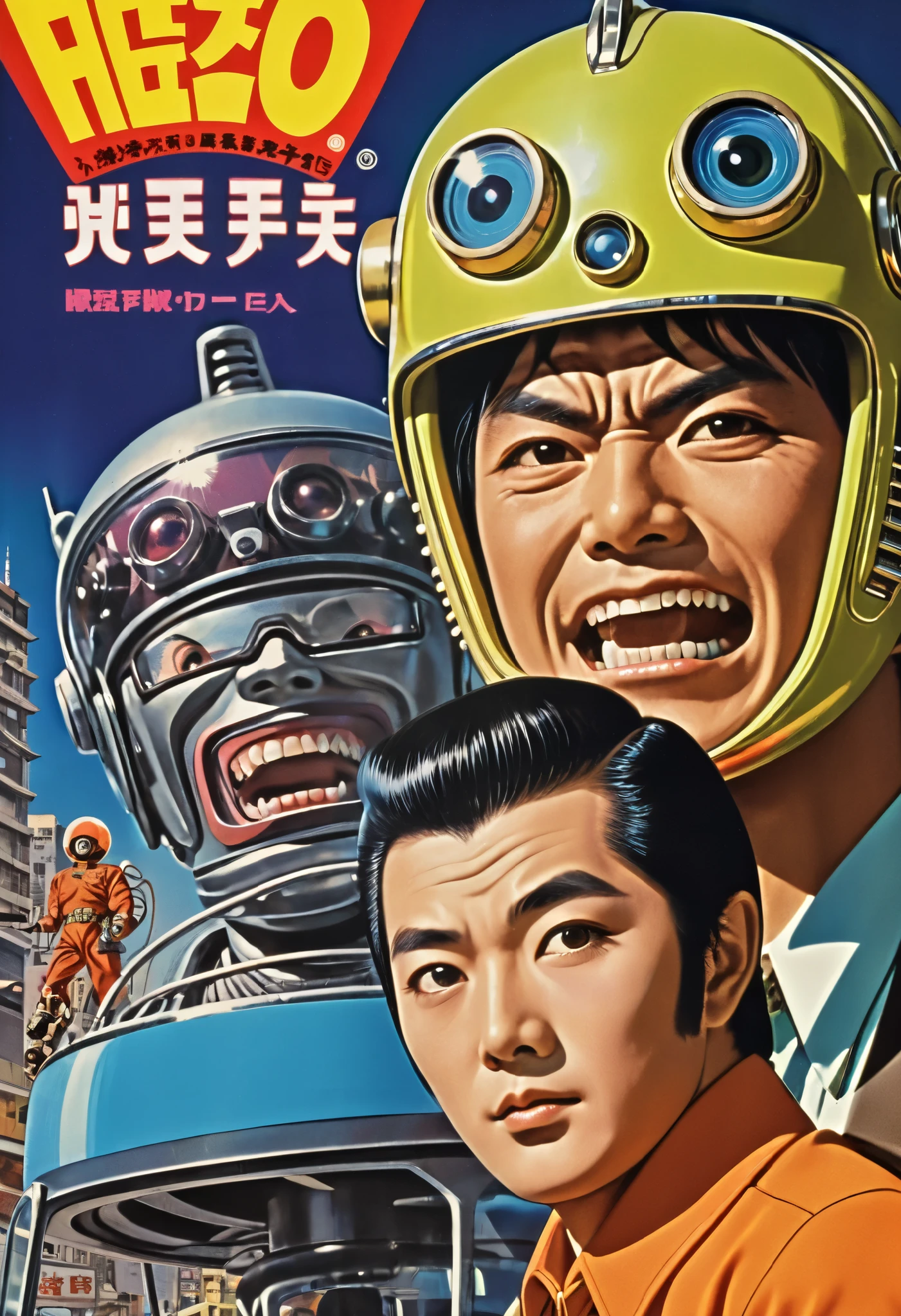  Manga characters,    1970's comic art   ,    1970's Japanese TV    show monster, detailed    Digital Paint,    bright color,    dynamic composition   , Dramatic lighting,    vintage aesthetics      , ( top quality,4K,8k,     high definition   ,masterpiece:1.2),  {{more}} ,(   realistic   ,photo   realistic   ,photo-   realistic   :1.37),   Extremely Detailed Eyes and Faces   ,   has long eyelashes,  Beautifully Drawn   ,   dynamic composition   ,Dramatic lighting,   bright color,   retro anime style poster 、  Retrofuturistic   ,1960s anime   ,   1970's Japanese TV   ,  Tosbraya Productions ,   masked rider style  ,  SFX transformation hero  , Manga art,   Digital Paint , a close up of a  comic book cover  with a man and a monster, Comic book cover,  retro future comic ,  comic book cover ,  comic book cover  art, Basil Wolverton,  vintage comic book cover from the 70s  ,  comic book from the 1900s ,  comic cover art , The robot overlord in 3499 ,  Jojolion Cover Art Style