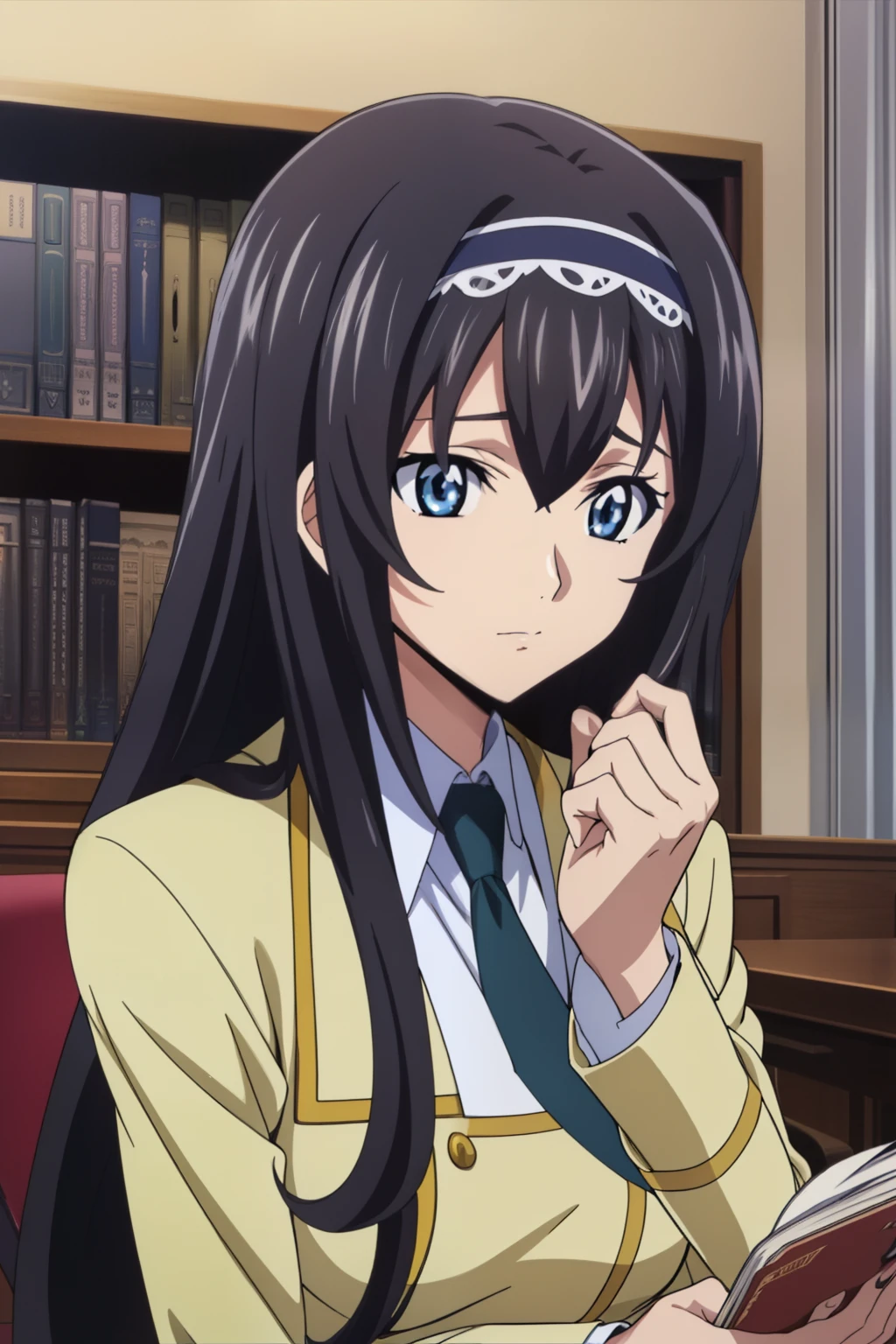 from side, upper body, 1 girl, cute, black hair, long hair, ((hair band)), (Sitting on chair in a library at the school and reading a book on desk), (School Uniform), (In a lecture room at the school), (anime cels style, Masterpiece, best quality, high resolution, anime colored, megami magazine:1.2, anime poster style, anime keyvisual, sharp, 8k, photorealistic), beautiful eyes, (perfect anatomy, perfect hand)