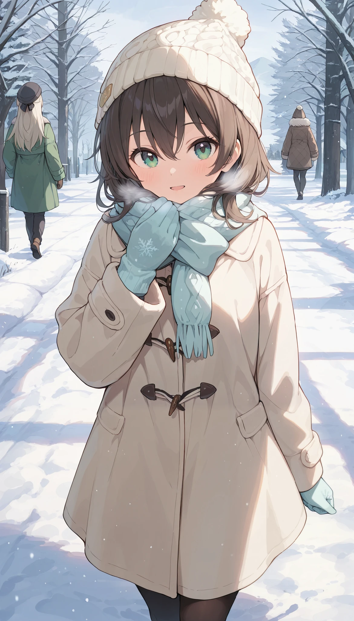 (((Best quality, 8k, Masterpiece: 1.3)), ((best quality)), ((masterpiece)), (detailed), perfect face, perfect body, (detailed skin:1.3), (intricate details), A woman wearing a warm wool coat, a cozy scarf, and knitted hat, walking on a snowy path during a cold winter day. She is also wearing gloves, and her breath is visible in the frosty air due to the cold temperature. Snowflakes are gently falling, and the ground is covered with a layer of fresh snow. The scene is serene and peaceful, with soft natural lighting and a wintry atmosphere. The woman's outfit is stylish yet practical, with earthy or neutral tones, complementing the snowy background