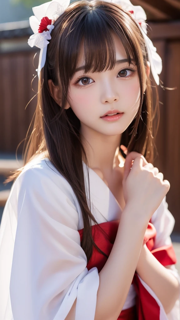long bright brown-colored hair, hair is tied side in a twin tail, beautiful nape, beautiful white-colored skin just a little sunburned, slendar figure, small mouth, opening mouth a little, small nose, dimples, smooth shaped jawline, a little bit light makeup, smiling, slightly slanted eyes expression, glossy face, wearing a white YUKATA with a pink and yellow floral pattern printed on it, close-up shoot, angle looking down from above, night scene, fireworks in the background