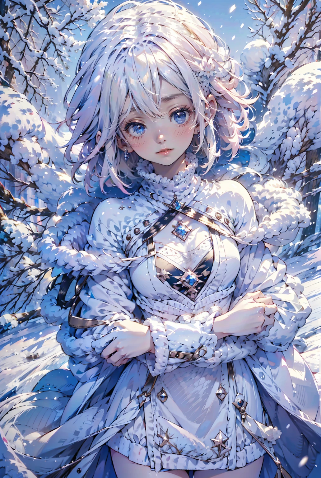 1girl,solo,cute,smiling,(((pink short hair,blue eyes))),
at winter,snow,