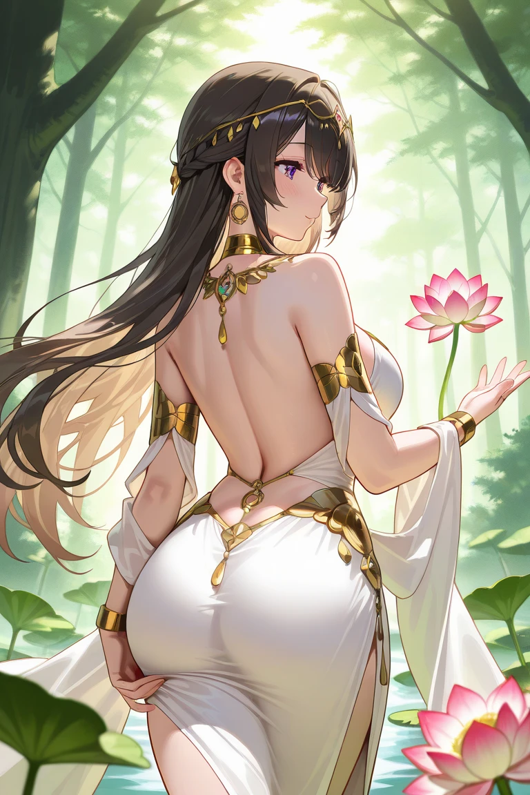 Style of Hayao Miyazaki. A real radiant, curvy celestial woman with flowing apsara-style garments, adorned with lotus motifs, golden jewelry, and a backless saree yet serene figure in an ethereal, forest and charm. Her enchanting gaze is magnetic, symbolizing divine love and companionship.
