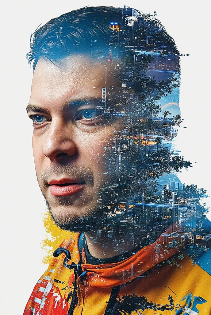  A vibrant, abstract portrait features a male ozon671games face covered in short, dynamic blue, yellow, and red brushstrokes, creating a harmonious yet intense atmosphere. Double exposed with a cyberpunk city landscape sci-fi masterpiece high definition poster, male