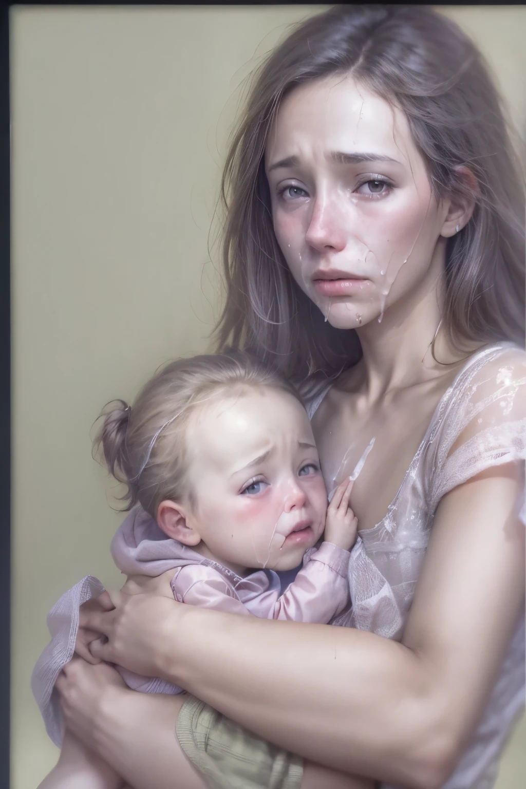 (fucking, vaginal sex:1.1), (skinny teenage mother holding very pretty **** girl, presenting), sad expression
