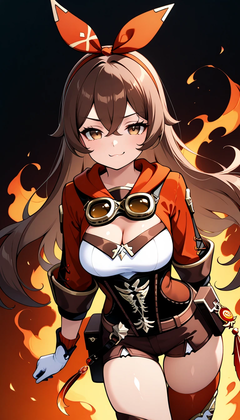 masterpiece, best quality, 32k, high resolution, absurdres, medium breasts, (curvy), cute, eyelashes, vivid colors, shiny hair, shiny skin, 
simple background, fire enveloping, fire aura, neolight, 
foreshortening, dutch angle, contrapposto, smug, looking at viewer, low-angle-view, from side, fullbody, focus on legs, 
zzAmber, amber (genshin impact), solo, long hair, bangs, brown hair, ribbon, hair between eyes, brown eyes, hair ribbon, sidelocks, hairband, thighhighs, gloves, long sleeves, cleavage, shorts, white gloves, goggles, goggles around neck, 