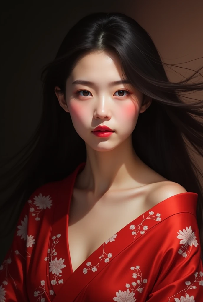 "Long brown hair with slight waves、Beautiful Asian Woman, Wearing a kimono with a cherry blossom pattern, Her chest is exposed、Wearing flowers in her hair. The woman is looking at the camera with a curious expression.. The photo was taken from the front. Red flower frame picture, Matte black background"