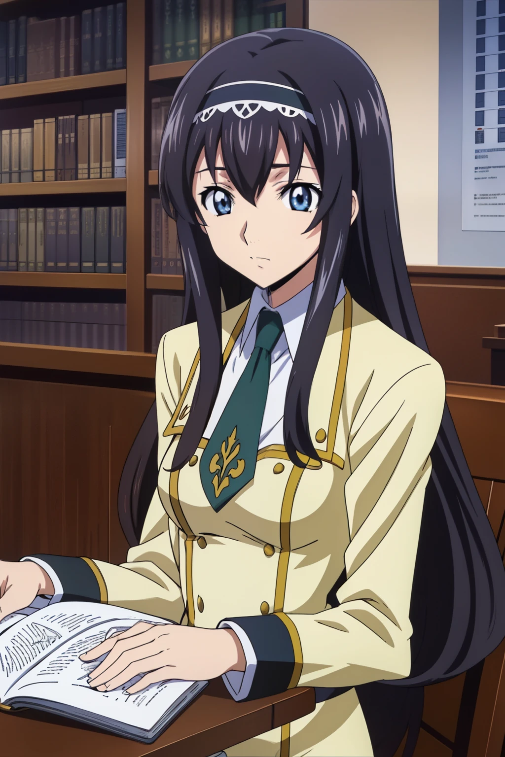 from side, upper body, 1 girl, cute, black hair, long hair, ((hair band)), (Sitting on chair in a library at the school and reading a book on desk), (School Uniform), (In a lecture room at the school), (anime cels style, Masterpiece, best quality, high resolution, anime colored, megami magazine:1.2, anime poster style, anime keyvisual, sharp, 8k, photorealistic), beautiful eyes, (perfect anatomy)