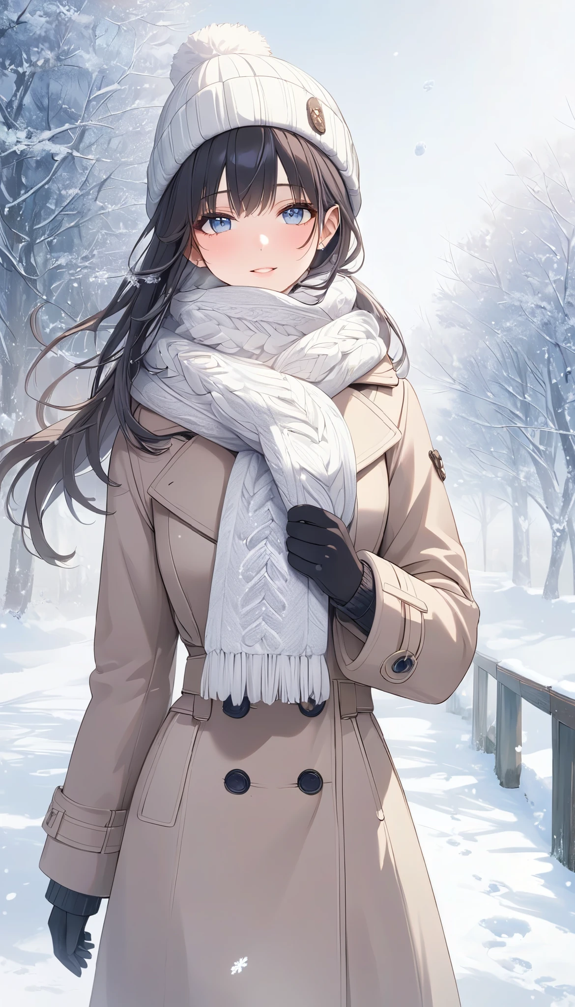 (((Best quality, 8k, Masterpiece: 1.3)), ((best quality)), ((masterpiece)), (detailed), perfect face, perfect body, (detailed skin:1.3), (intricate details), A woman wearing a warm wool coat, a cozy scarf, and knitted hat, walking on a snowy path during a cold winter day. She is also wearing gloves, and her breath is visible in the frosty air due to the cold temperature. Snowflakes are gently falling, and the ground is covered with a layer of fresh snow. The scene is serene and peaceful, with soft natural lighting and a wintry atmosphere. The woman's outfit is stylish yet practical, with earthy or neutral tones, complementing the snowy background