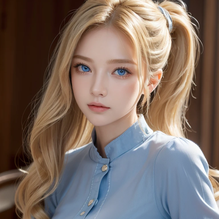 (masterpiece, absurdres,  high resolution, ultra detailed), 1 person,  wavy blond hair , aldult,  blue eyes , Ponytail, , beautiful face ,  casual outfit , charming, charming的,  meticulous eyes and face,