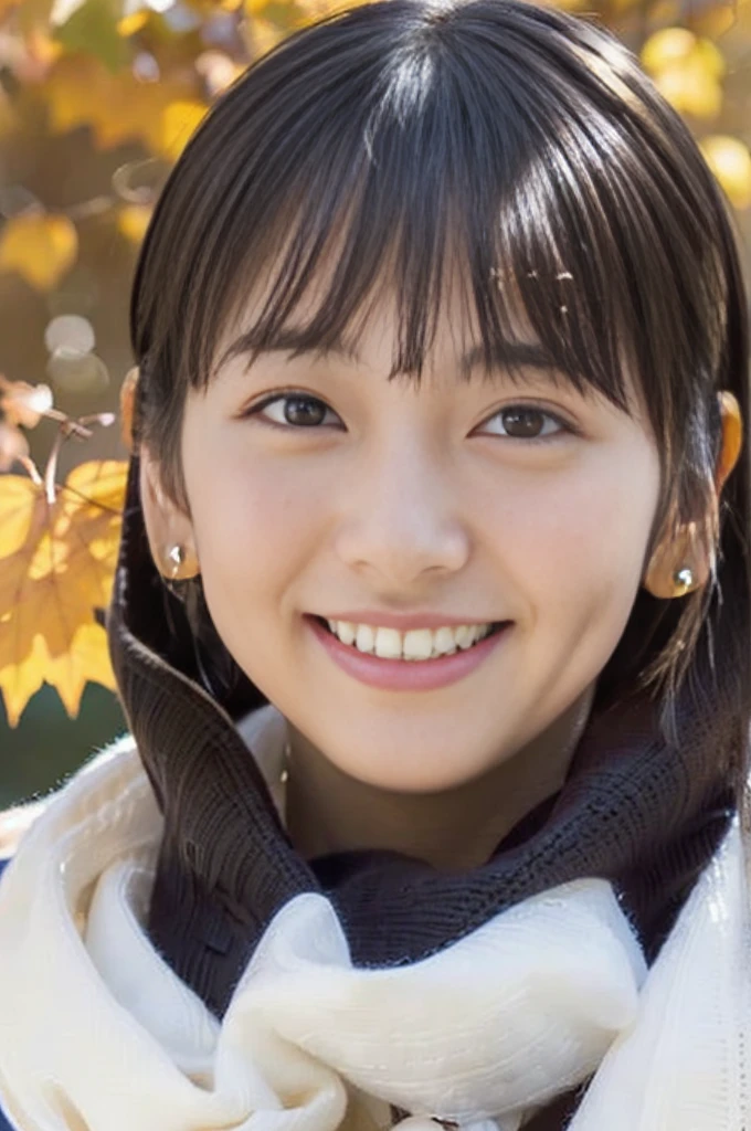 (( face close-up、 no makeup、 with ears sticking out of gaps in the hair,,,,,,,))、( realistic 、 photorealistic、 ultra-detailed 、Best detailed skin、 top quality 、​masterpiece、 Ultra A High Resolution)、 cute Japanese woman、、 high school girl、、 One girl 、Has bangs、 double eyelids in judo uniforms、Droopy eyes、 Big Black Eyes 、Japanese style face 、 laughs、Charming、purity、 cute smile、Double tooth 、 Please see here 、 realistic な肌のタイプ、 scarf、 short hair、(( the hair is inside the scarf :1.3))、 the wind is blowing 、Lighting from behind、Autumn、autumn leaves、 Embarrassing 