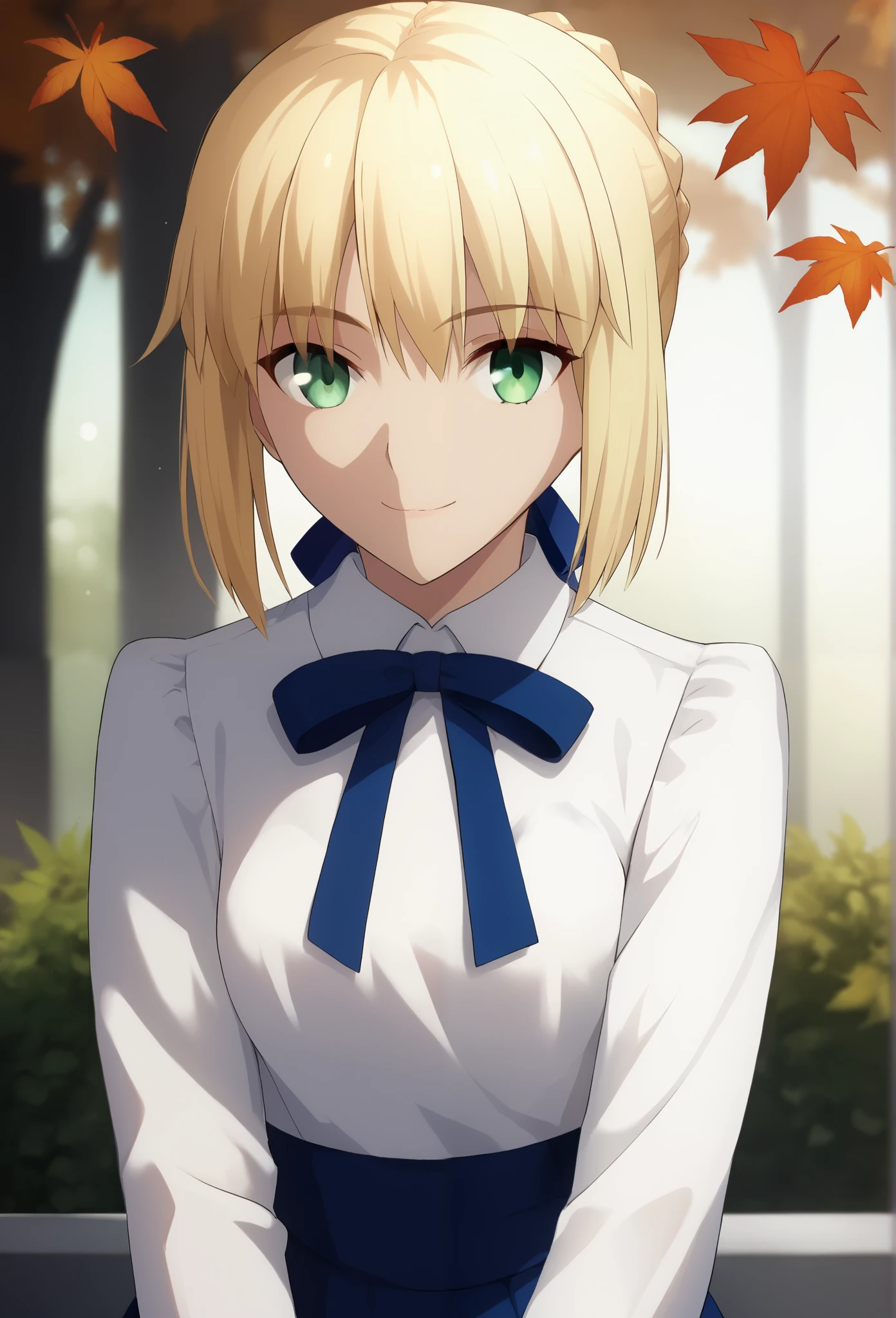 1 girl, Alone, Saber FS , Blonde, green eyes, short hair, French braid , , Saber Casual, white shirt, neck ribbon, Long Sleeve , high waisted skirt , blue skirt, Black Pantyhose, small breasts, Beautiful breasts , smile, front、A park with autumn leaves、 red cheeks
