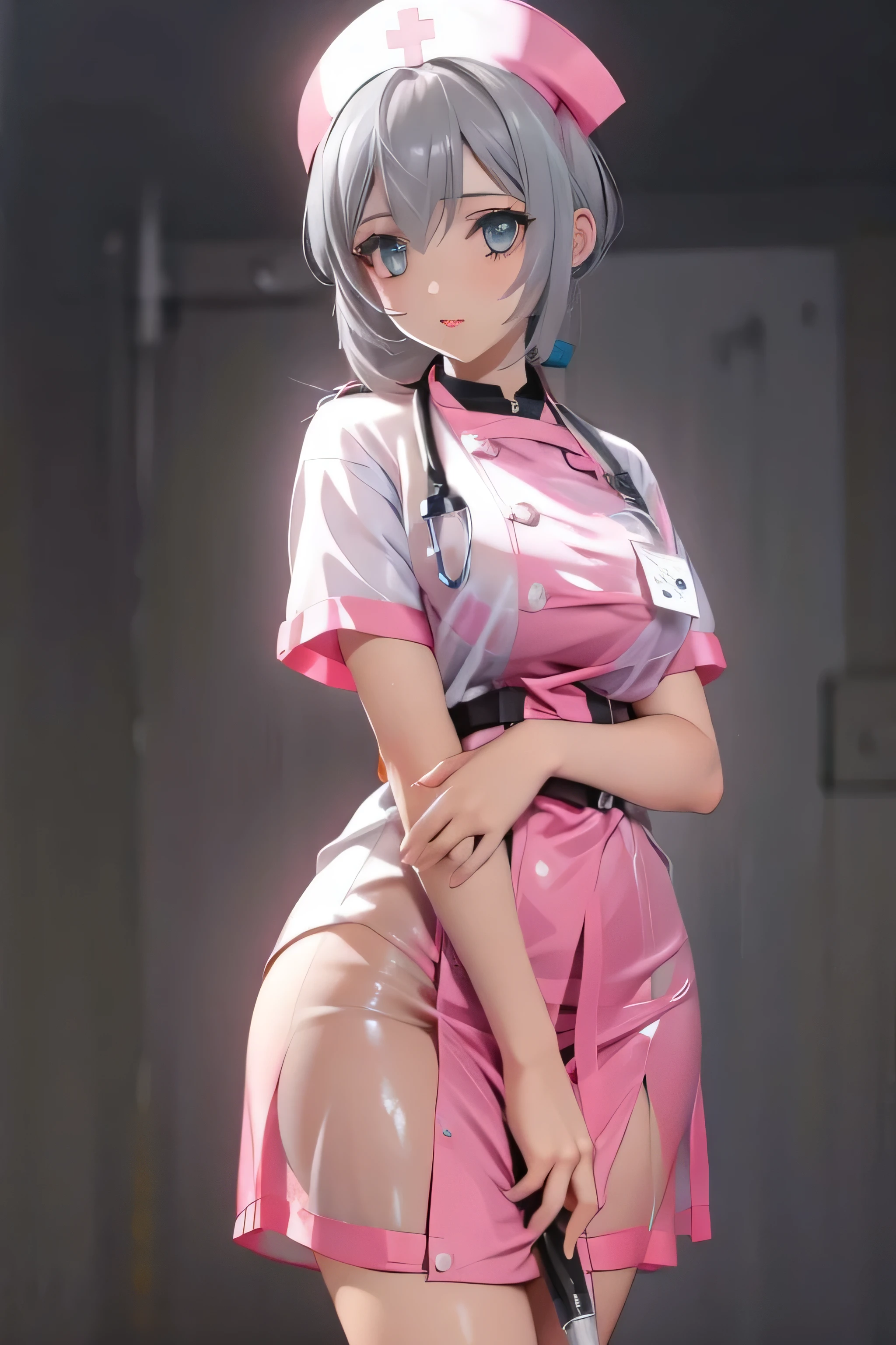 ultra high res, photo, 4k, (photorealistic), absurdres, (incredible absurdity), ((masterpiece, best quality)), (wallpaper), (8k hd), 1girl, nurse outfit, long white hair, white stockings, nsfw, angry, hospital background
