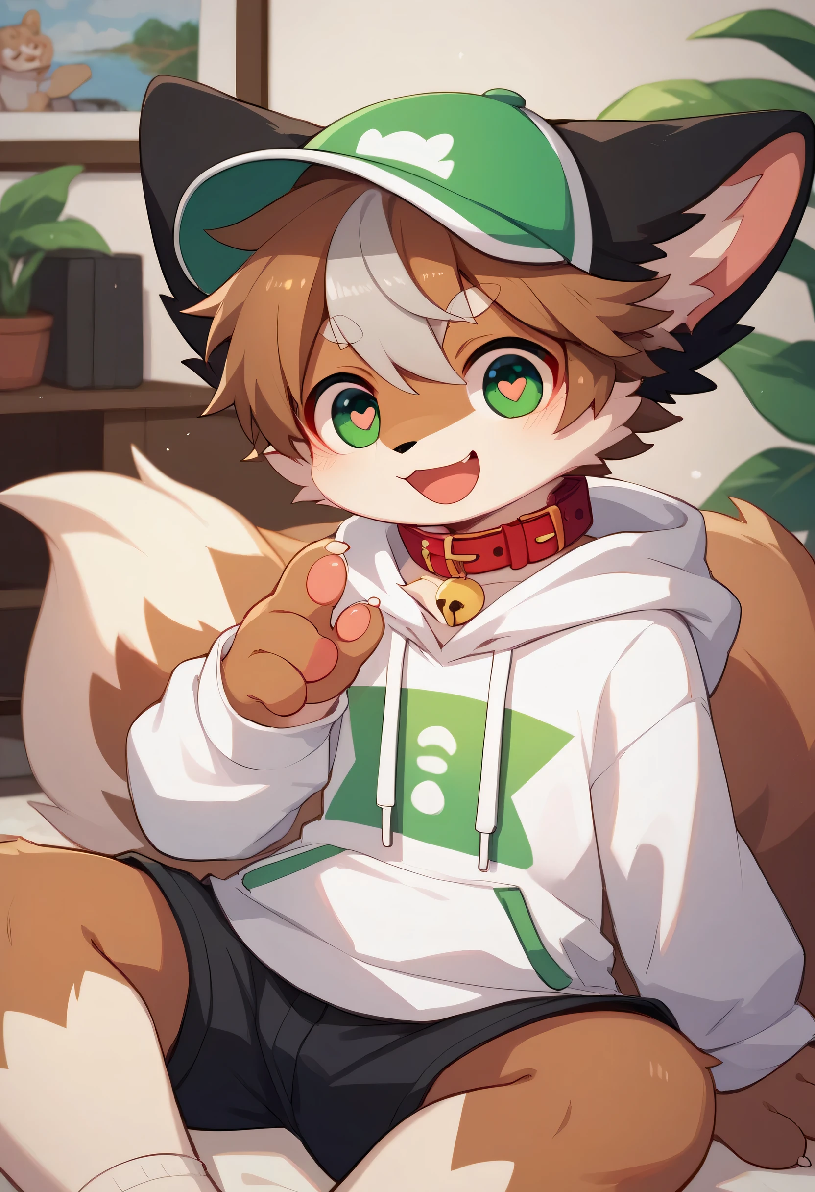  very detailedな, very detailed, brown fur gray hair ,Brown hair,,male,骨を見てExcited,Heart Eyes,participate, green white and colored hat, cute face,Sitting!,Red collar,black ears , fluffy fur like one,Excited,Horny boy,Beautiful room, 's room ,Smiling face,Dropped ears, let's play with the toy! my mental age is  ,Want, black shorts,green and white hoodie 