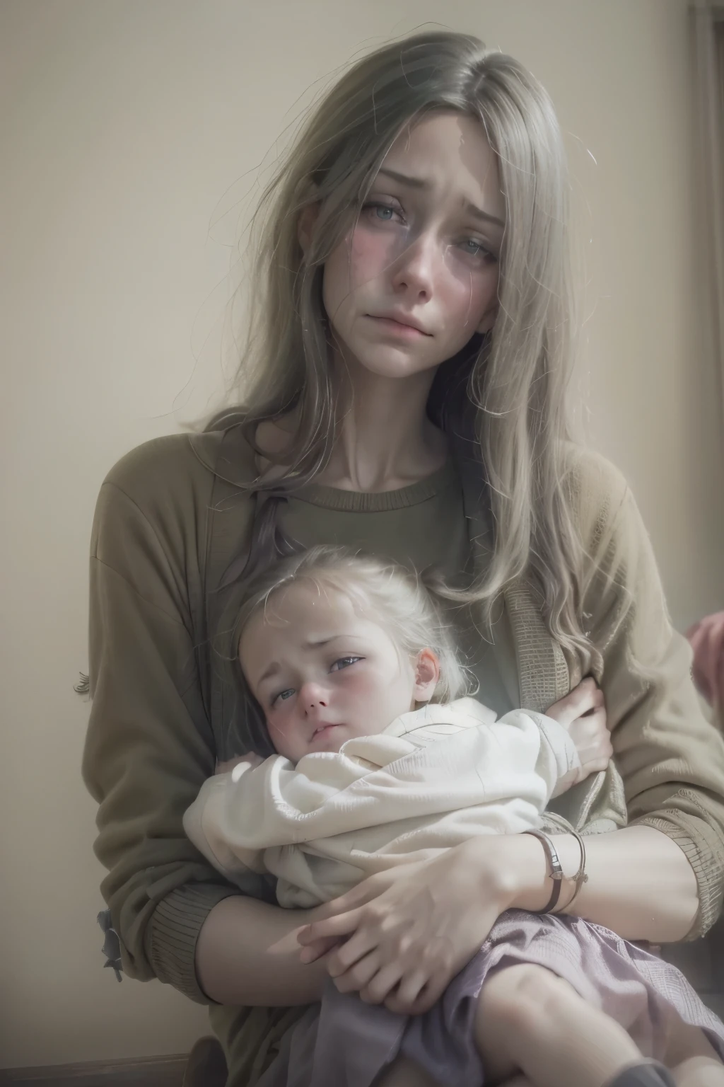 (fucking, anal rape:1.1), (skinny teenage mother holding very pretty baby girl, presenting), sad expression
