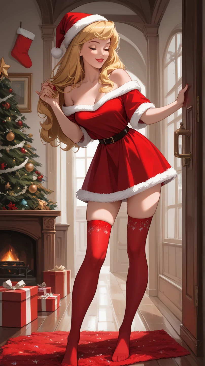 score_9, score_8_up, score_7_up, score_6_up, 1girl, (Disney's Aurora, blonde hair, medium breasts, closed eyes, loose hair:1.3), (partially nude 1.3), ((Princess Aurora walking on a red carpet in front of a chimney, wearing a sexy Christmas outfit, Christmas cap, stockings, no shoes, room decorated as Christmas season))slim body, medium breasts, naughty face, (Aurora's face exactly as original Disney character),