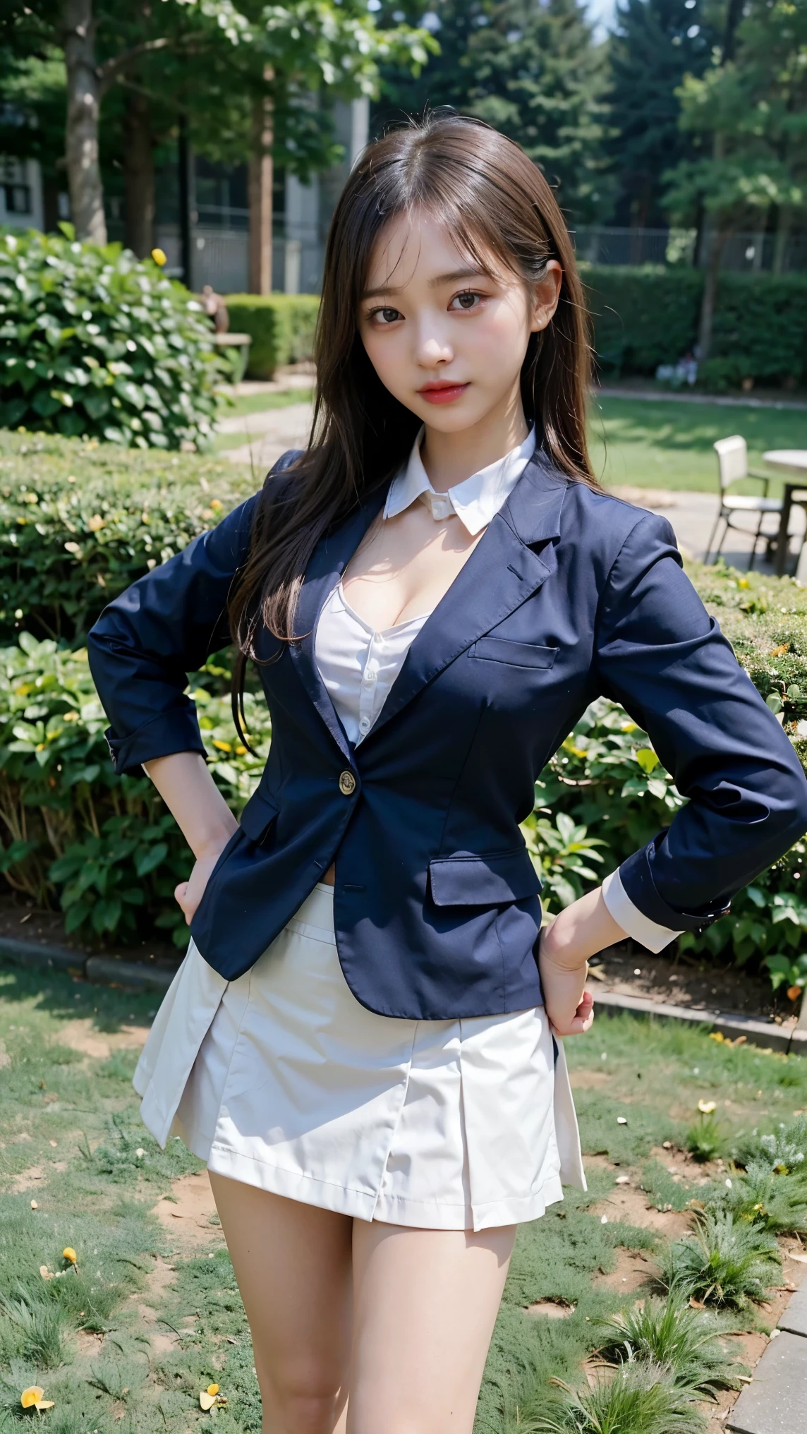 (8k、RAW Photos、Highest quality、masterpiece:1.2)、(Realistic、Realistic)、1 person、((Check mini skirt、blazer、garden、Breast enlargement、View from the front、Looking into the camera、Stand with hands on hips))、cute, (medium shot:1.5), from below 