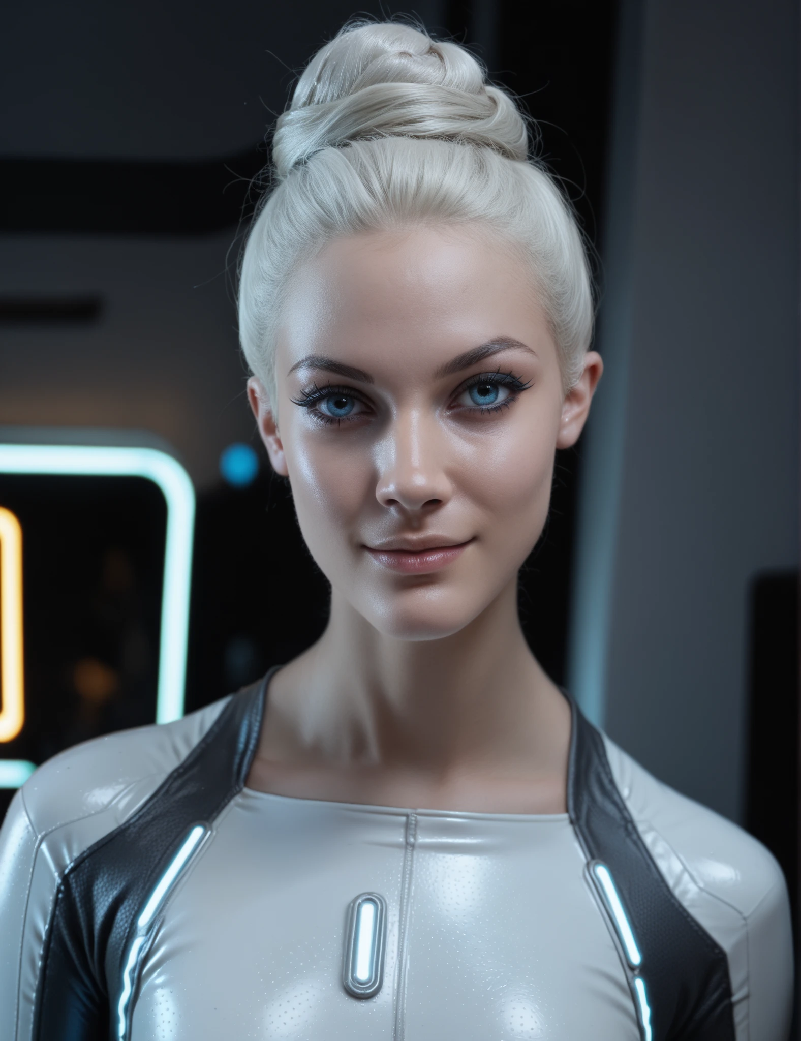 1girl, portrait, white hair, pale skin, blue eyes, neon, bun, bodysuit, solo, makeup, midriff, looking at the viewer g3m, score_9, score_8_up, score_7_up, score_6_up