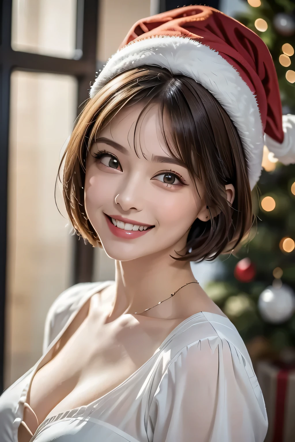 ((1. Ultimate beauty)), mature, beautiful face, brown eyes, detailed lips, beautiful eyes, down to the last detail, double eyelids, has long eyelashes, (Big Breasts), (curve), (Grin), seductive gaze, (brunette pixie cut), (Santa Claus Costumes and hat), (background: Celebrity Mansion decoraled Christmas goods), (at Holy Night), ((Cowboy Shot)), ( High Depth of Field ), ((masterpiece)), ((top quality)), ultra realistic, realistic, high resolution, very detailed, natural light, realistic