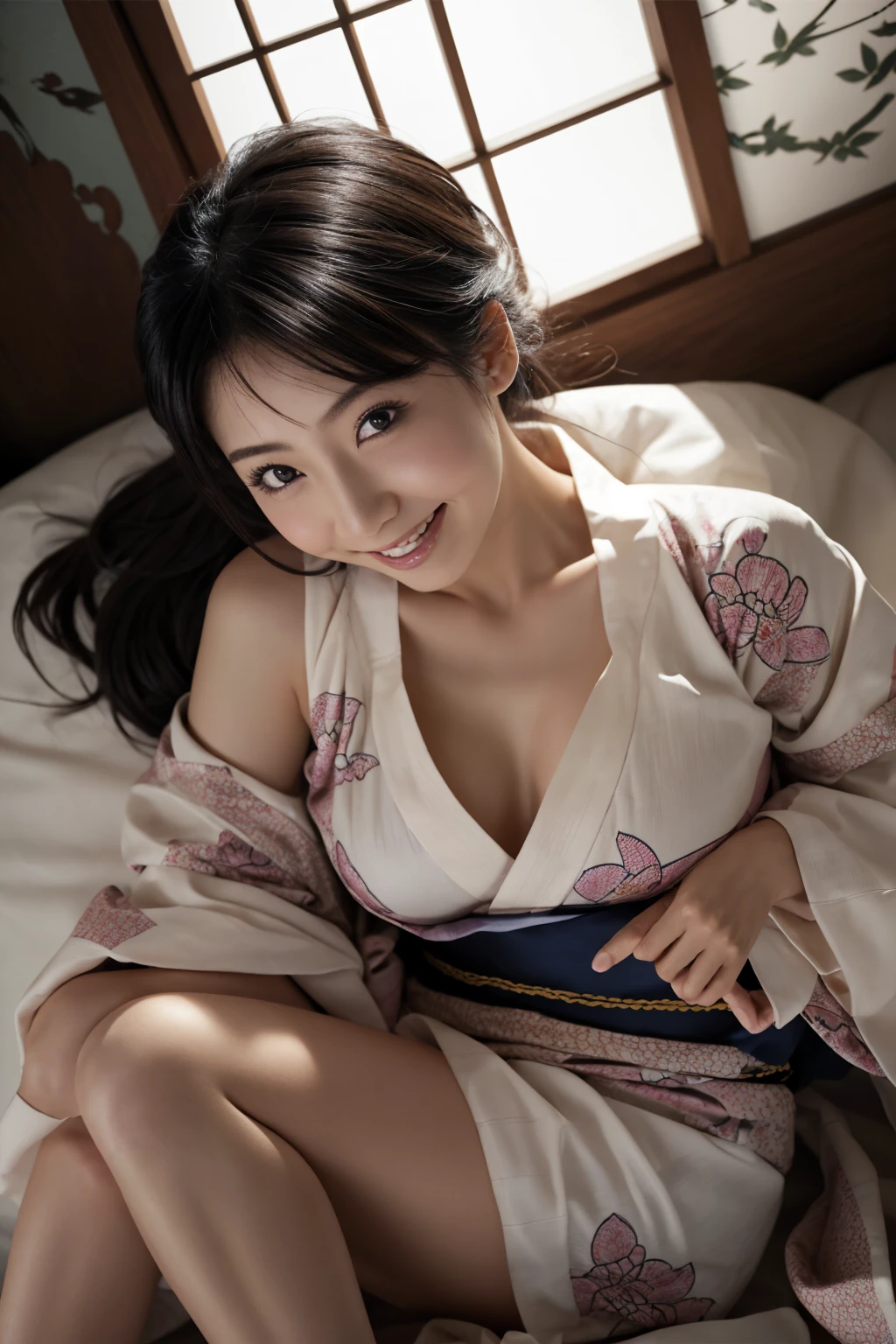 Hotel with a night view、((( ベッドの上に座っている))), A window on one side 、Beautiful Mature Woman VN03, Bewitching beautiful mature woman、well-proportioned figure、The figure of the hourglass、((( Kimono with traditional Japanese patterns ))),((( Yukata with traditional Japanese patterns ))),Shoulder out、  clavicle  、 J cup big breasts、model in Japan、Japan sensual woman, Gorgeous Japan Woman, goddess of Japan, A smile、Raw photo, (in 8K、top-quality、​masterpiece:1.2)、(intricate detailes:1.4)、(Photorealsitic:1.4)、octane renderings、Complex 3D rendering ultra detail, studio lights, Rim Lights, vibrant detail, super detailing, realistic skin textures, Detail Face, Beautiful detail eyes, Very detailed CG Unity 16k wallpaper, make - up, (detailedbackground:1.2),　shinny skin、
Hotel with a night view、((( ベッドの上に座っている))), A window on one side 、Full Body Shot、Erect nipples
Absurd, RAW Photos, Very delicate and beautiful, masterpiece, highest quality, Ultra-high resolution, 16k, Surreal, Very detailed, Very detailed CG 8k wallpaper, Beautiful lighting, Perfect Lightning, A happy smile、Realistic Shadows, Perfect Anatomy, Very detailed肌, Perfect figure, Japanese women, 1 adult female、very slim figure, Tight waist, very small head, Handsome detailed woman, Very detailed目と顔, Realistic Face Proportions, Stunning eye for detail, Realistic beautiful face, Very small face, Realistic small beautiful eyes, double eyelid, compensate, Tearful mole, Mole on chest, Earrings, barefoot, beautiful and very thin legs, Beautiful and very slim thighs, (((Very big Jカップ round breasts))), long  hair, Wavy Hair, Sweat, (Full Body Shot), (((((One girl)))))