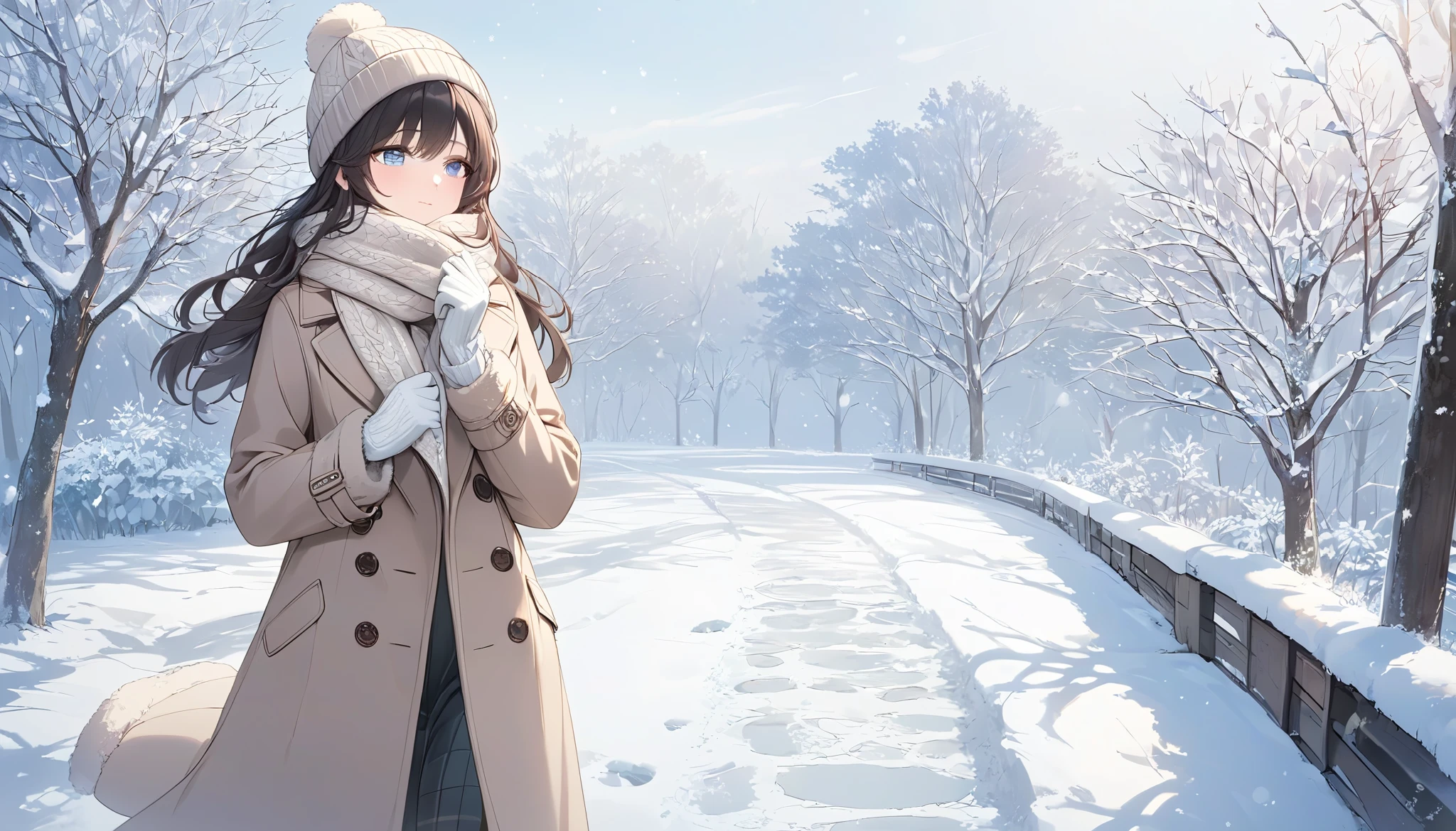 (((Best quality, 8k, Masterpiece: 1.3)), ((best quality)), ((masterpiece)), (detailed), perfect face, perfect body, (detailed skin:1.3), (intricate details), A woman wearing a warm wool coat, a cozy scarf, and knitted hat, walking on a snowy path during a cold winter day. She is also wearing gloves, and her breath is visible in the frosty air due to the cold temperature. Snowflakes are gently falling, and the ground is covered with a layer of fresh snow. The scene is serene and peaceful, with soft natural lighting and a wintry atmosphere. The woman's outfit is stylish yet practical, with earthy or neutral tones, complementing the snowy background