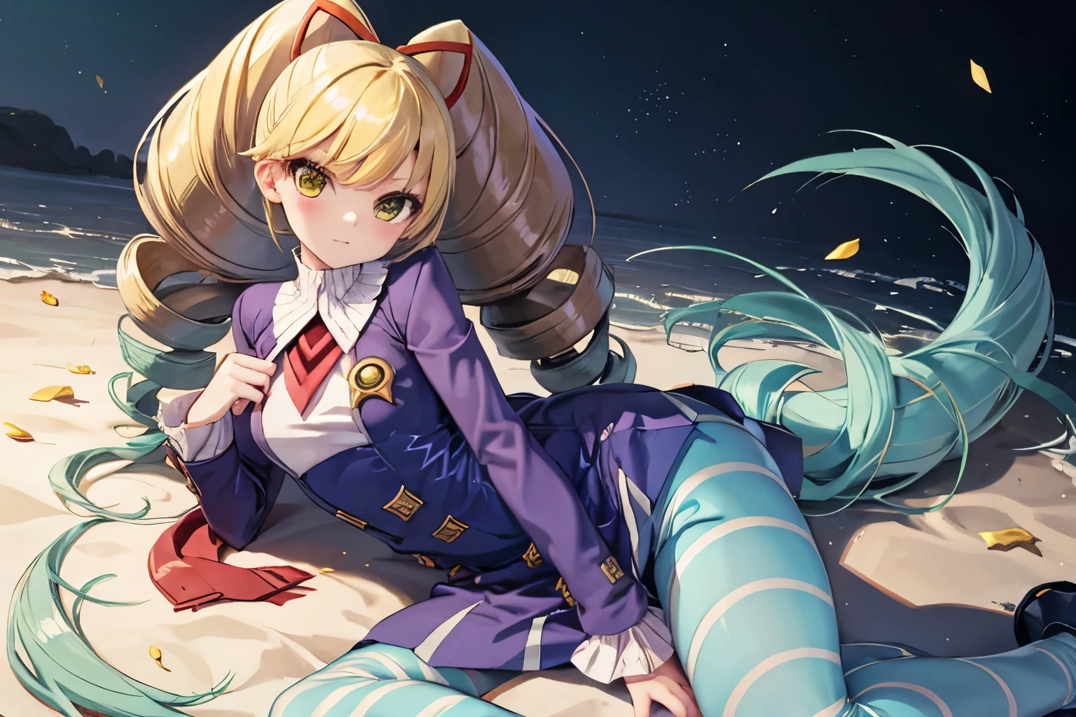 twintails,twin drills,dress,blue pantyhose,striped pantyhose,yellow hair