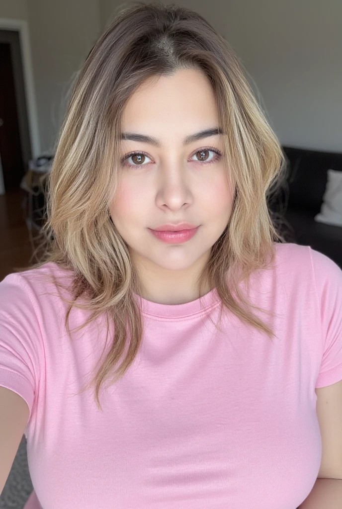 RAW photo of l4r1ss4r1qu3lm3 woman, wearing a pink tshirt, in a living room, detailed face, natural lighting, highly detailed, absurdres, Chubby naked woman, 18 years old white Caucasian woman walking outside,(thin arms), winter, forest, long straight blonde hair, big hips, thick thighs, natural huge breasts, Full Body Shot, From Above View, High Angle View, close up selfie point of view, no makeup, messy hair, morning face, chubby, big brown nipples, ultra realistic photo, high quality, soft light, gamma correction, dslr, oled, puré black colors
