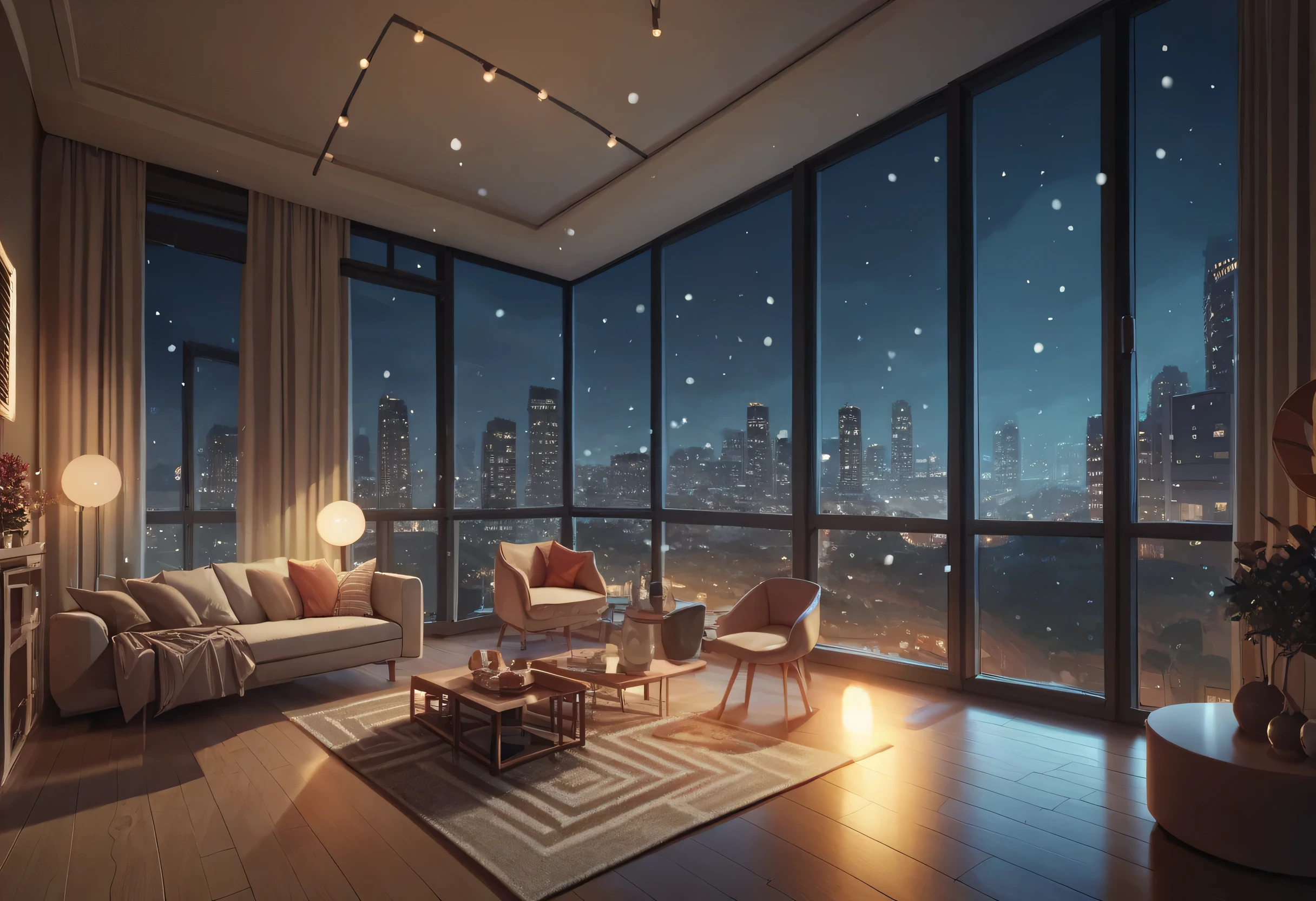 4partment, indoors, window, scenery, cityscape, night, snowing, view from the top floor of a high-rise apartment 