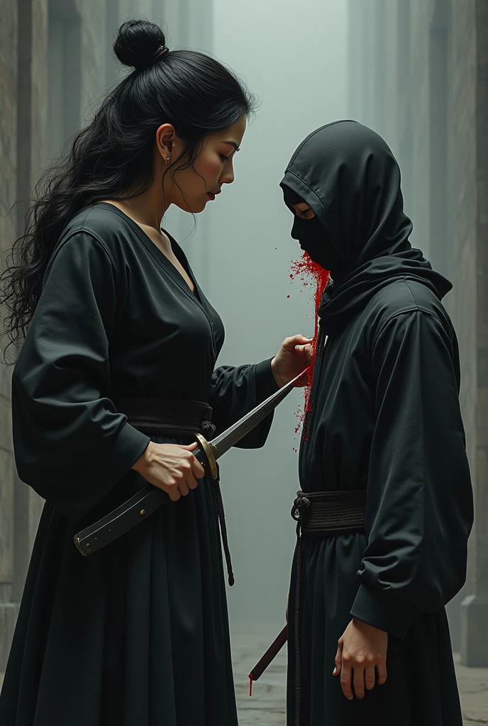 Indonesia beauty woman, cutting throat a mask ninja, blood stains, blood splashed, room