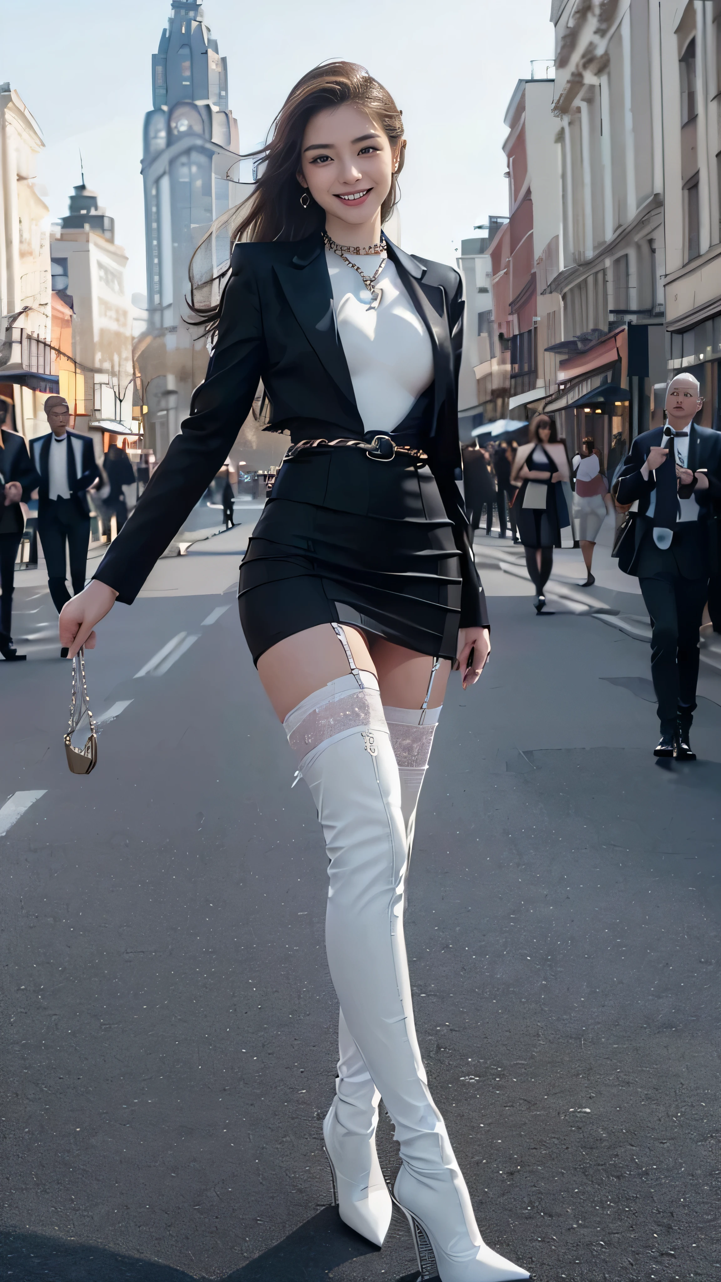 (One Gal:1.8), (Blonde:0.8)，((A Shining Place)), ( outdoor,  shopping mall,  shopping street), ( very beautiful woman ,  standing with different breasts , (( sexy poses )), Spread Your Legs Naturally ,  walking), ( penetrates ,  thin thighs ,  long legs ,  Small Waist , Beautiful Hips), ((( Highly Detailed Skin for Girls,  beautiful realistic face,  white skin,  brown eyes, Natural Eyes,  focus on the eyes,  accurate limbs in theaters))), ( surrealism , ultra-realistic, 8K quality,  Attention to Details ,  super high resolution ,  top quality, masterpiece), perfect strict suit,((( chest accentuated office suit ,  Shiny Office Suit Set , (( wear a formal suit jacket)), ((Wear a tight formal skirt )), ((satin white color bodycon suit)), (((Bewitching Smile))),  high waist , (Stiletto heels),  stare at the camera, (Only women are pictured), smooth silhouette, natural curves, photorealistic, intricate details,(Thin chain accessories)，( garter belt)，( Garter Stocking)，(Black color lingerie )，( beautiful makeup :1.3), ( stylish stretch knee-high boots、 Stiletto Heels ,):1.2,  full body shot  :1.2