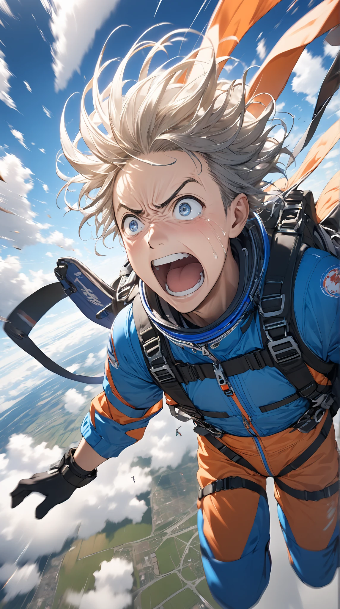 An anime of a skydiver descending in the sky. He is extremely scared, where he is teary and screaming for his life. Motion blur and wind effects can be seen. Fisheye lens to show the sky and the terrain with the skydiver in the air.