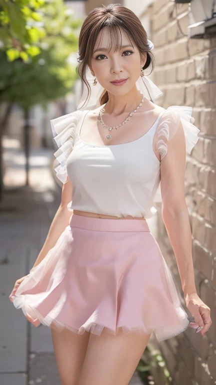 Best-quality, Masterpiece, Ultra-High-Resolution, (Photorealistic:1.4), Raw-Photo, Extremely-Details, Perfect-Anatomy, 1girl, 10-years-old, the most popular Japanese idol, at autumn street, full-body-shot, upturned hip, beautiful innocent smile, looking at viewer, ((black knee-high-boots, light pink pleated-miniskirt, white blouse with frills, brown trench coat, childish colorful underwear)), extremely beautiful hip, extremely beautiful thighs, extremely beautiful legs, extremely beautiful body, extremely beautiful medium breasts, extremely cute face, extremely beautiful black solid circle eyes, extremely beautiful long eyelashes, extremely beautiful hair, detailed beautiful hip, detailed beautiful thighs, detailed light pink pleated-miniskirt, detailed black knee-high-boots, detailed beautiful legs, detailed beautiful body, detailed white blouse with frills, detailed beautiful medium breasts, detailed brown trench coat, detailed cute face, detailed beautiful black solid circle eyes, detailed beautiful long eyelashes, detailed beautiful hair