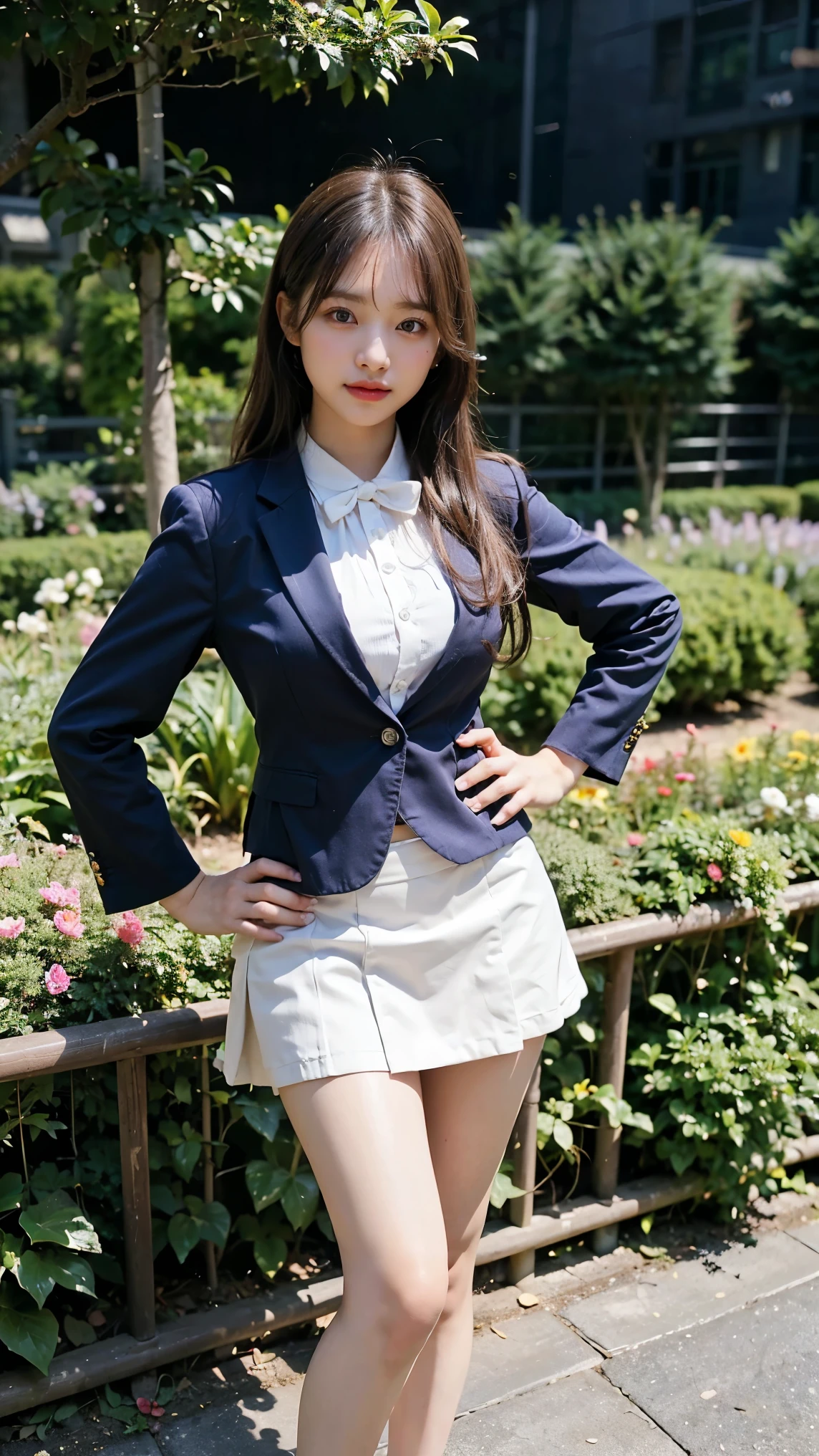 (8k、RAW Photos、Highest quality、masterpiece:1.2)、(Realistic、Realistic)、1 person、((Check mini skirt、blazer、garden、Breast enlargement、View from the front、Looking into the camera、Stand with hands on hips))、cute, (medium shot:1.5), from below
