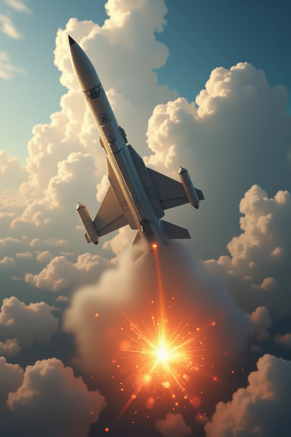 (masterpiece, top quality , very detailed depiction, Incredible Hi-Res,Photographic images),Swoop, falling towards the ground A huge missile is falling to the ground,rocket injection ,jet,Anti-aircraft gun,explosion,Falling,Aerial view,地面に向けて落ちている