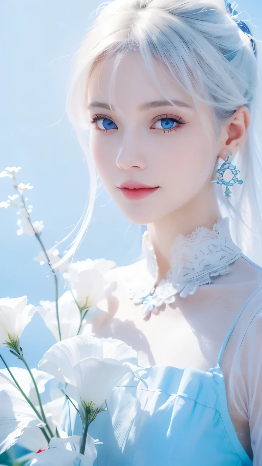 minimalist，fashion girl，white hair，blue background，Wearing special earrings，Bohemian style，Defined eyelashes，Full bright blue eyes，Clean and transparent eyes，close up，Portrait facing camera，Smile flat illustration，Geometry，clean，japanese manga