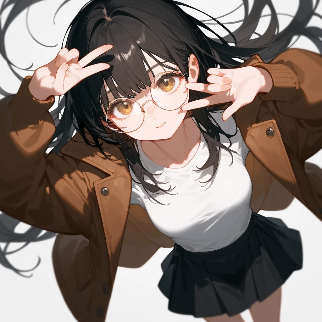 alone,girl,Black blonde hair,Bangs,girlบาร์, ,Wear black round glasses,Long hair,Black hair ends,In golden bronze eyes,Black hair ends,naked,  White Shirt, Brown Jacket,Black skirt, finger frame pose,High angle photography