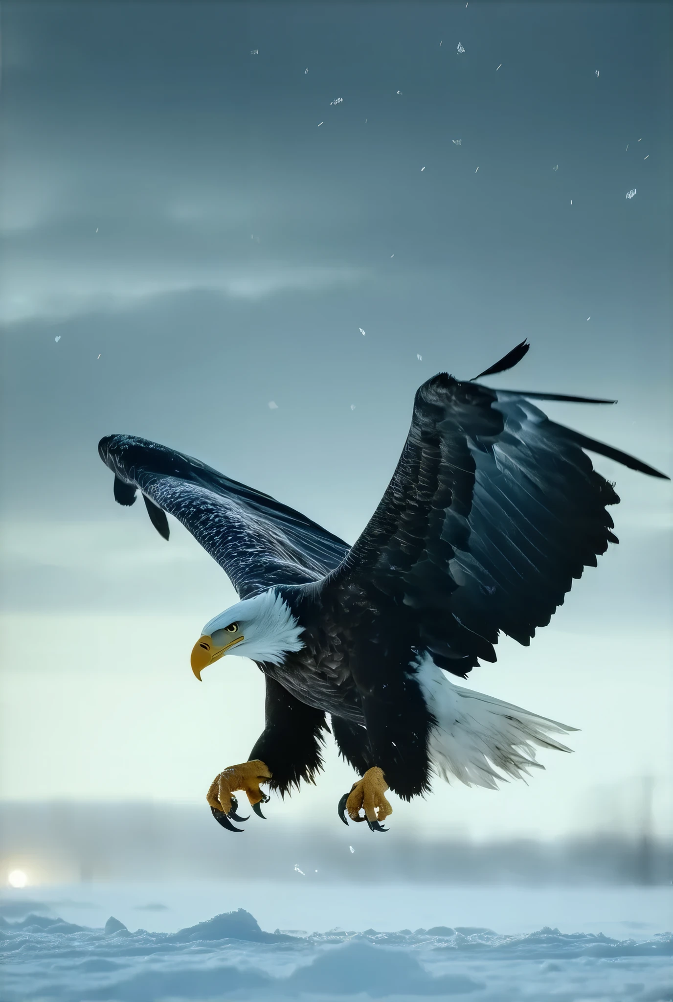 (8k, top quality, Masterpiece , Final Fantasy Style: 1.2),Atmospheric perspective, 8K, Very detailed, , (Composition seen from directly below the front,:1.3), A bald eagle swoops down toward its prey from above with its head down , its claws on both feet wide open., keen eyes, dynamic, ferocious, murderous, Moonlit night, clear air, night fog, sparkling ice particles in the air, , The sky turns eerily purple