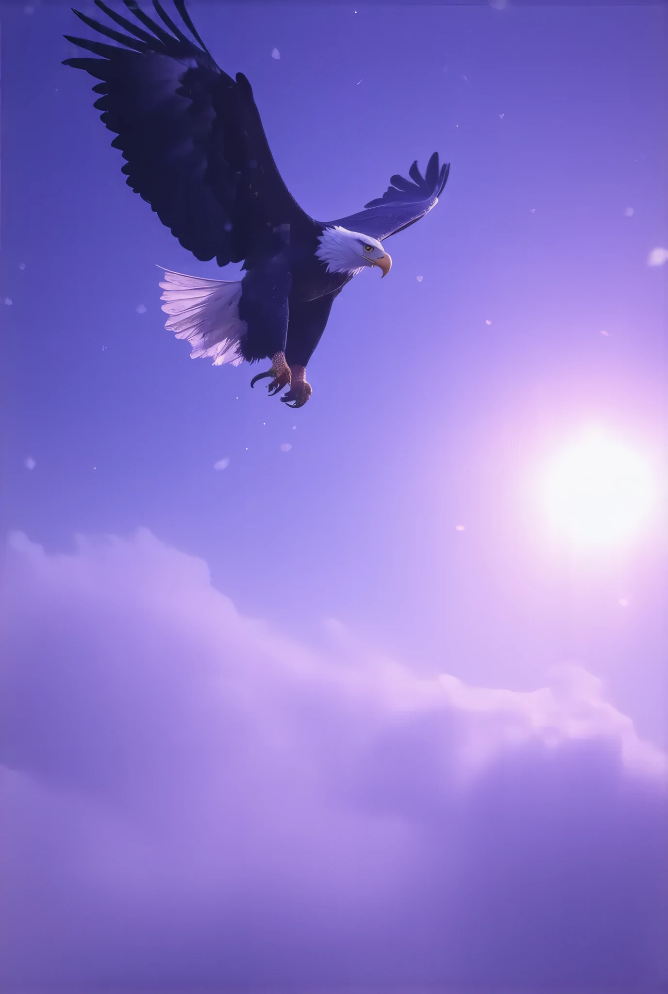 (8k, top quality, Masterpiece , Final Fantasy Style: 1.2),Atmospheric perspective, 8K, Very detailed, , (Composition seen from directly below the front,:1.3), A bald eagle swoops down toward its prey from above with its head down , its claws on both feet wide open., keen eyes, dynamic, ferocious, murderous, Moonlit night, clear air, night fog, sparkling ice particles in the air, , The sky turns eerily purple