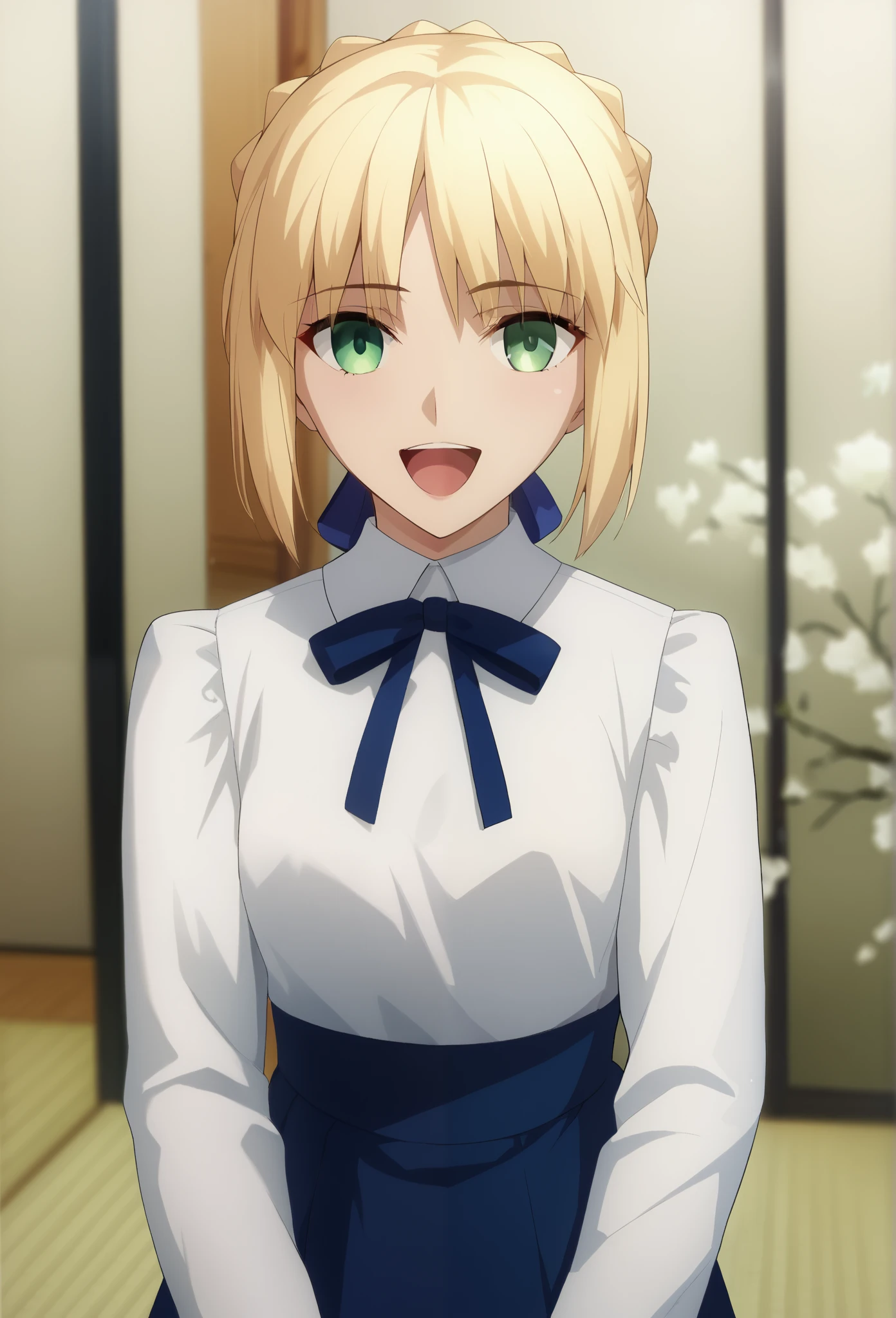  1 girl, Alone, Saber FS , Blonde,  green eyes,  short hair,  French braid ,  , Saber Casual,  white shirt,  neck ribbon,  Long Sleeve ,  high waisted skirt ,  blue skirt,  small breasts,  Beautiful breasts ,  shy laugh , front、A room with Japanese tatami、 red cheeks 、 without standing、 see panties 