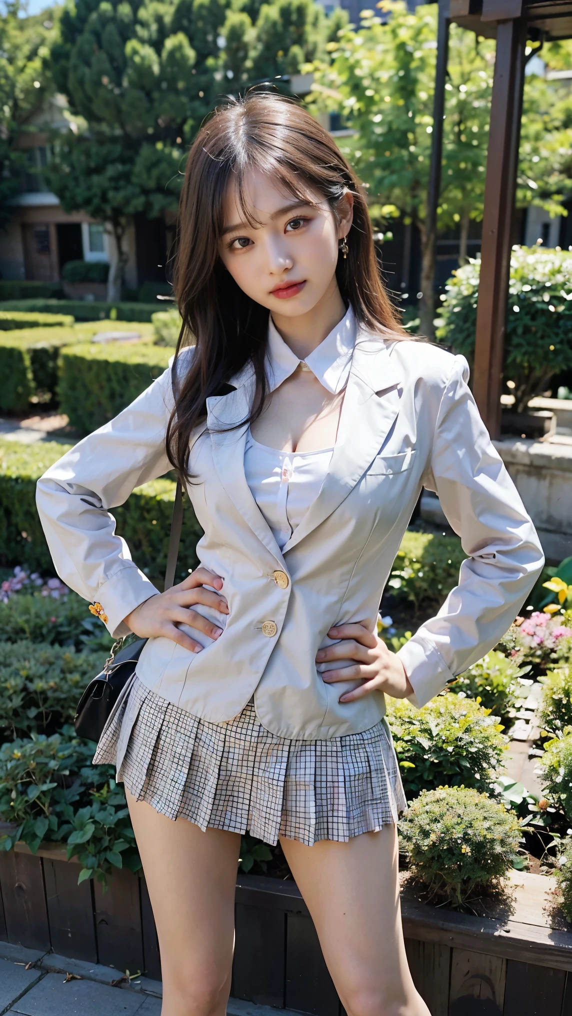 (8k、RAW Photos、Highest quality、masterpiece:1.2)、(Realistic、Realistic)、1 person、((Check mini skirt、blazer、garden、Breast enlargement、View from the front、Looking into the camera、Stand with hands on hips))、cute, (medium shot:1.5)