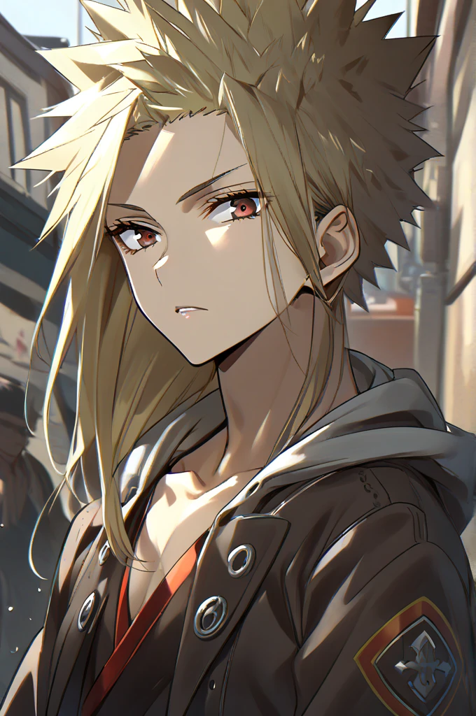 A girl,dark brown hair,long hair,light skin,brown eyes,normal breasts and a boy red eyes, blonde hair, spiked hair, light skin