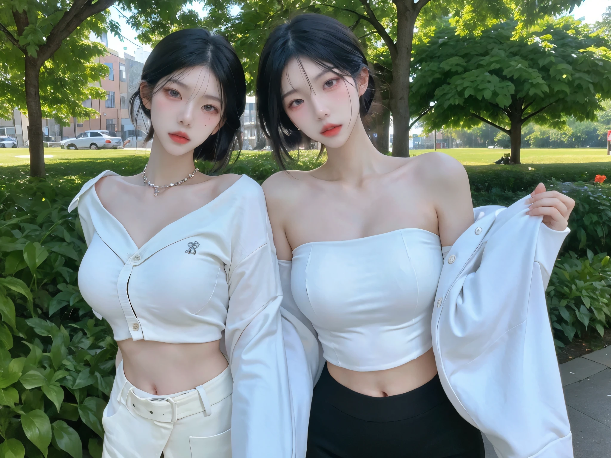 masterpiece, best quality, Visible cleavage,3 Women, High Resolution, HMSL1, (Big Breasts:1.6),3 female breasts:1.8),x Hair accessories, Visible chest,White sweater, Purple Jacket, flower, Trench coat, Open clothes, Black Hip-Covered Skirt, 3 Women, black stockings , red high heels ,Outdoors, street, permanent,3 Women,