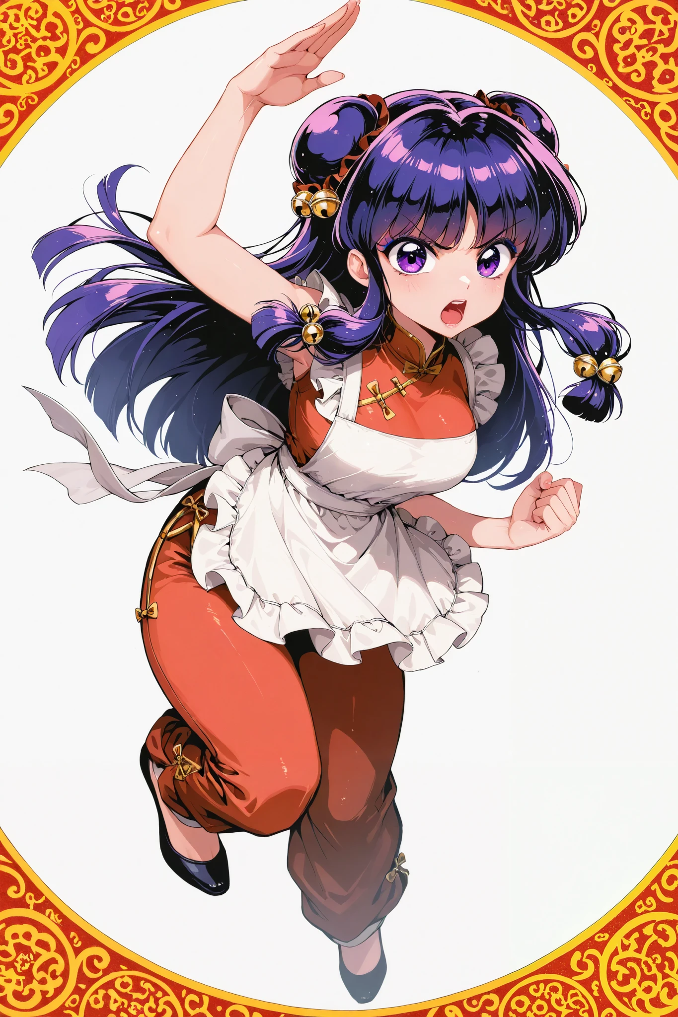 (solo:1.3),1girl\(shampoo, character of anime\(Ranma1/2\),cute,sexy, mad,angry face,open mouth,long hair, looking at viewer, bangs, simple background, hair ornament, white background, dress, purple eyes, full body, purple hair, sidelocks, hair bun, bell, double bun, chinese clothes, red short dress, (red pants:1.3), hair bell, eyeshadow, frilled apron,dynamic kung-fu pose\).background\(old chinese restaurant\). BREAK .quality\(8k,wallpaper of extremely detailed CG unit, high resolution, top-quality, top-quality real texture skin, hyper realistic, increase the resolution, RAW photos, best quality, highly detailed, the wallpaper, golden ratio, high saturation realism, vibrant colors, dramatic lighting, persuasive storytelling, atmospheric scenery, captivating visuals, intricate details, strong emotions, dreamlike world\),(dynamic angle:1.4)