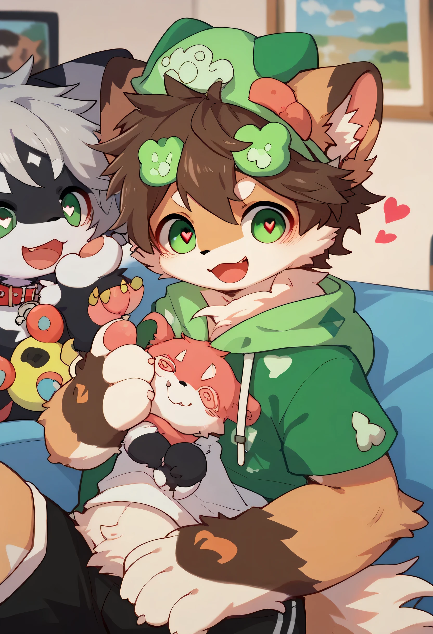   very detailed bustな,  very detailed bust,  brown fur gray hair  ,Brown Hair,,male,骨 を見て excited, heart eyes ,participate, green、white、And a multicolored hat ,  cute face, sitting！,Red collar,Black Ear ,  something like fluffy fur , excited,Horny boy,美しいroom, room ,smile,Dropped ears,  play with toys ! My mental age is   ,want,  black shorts, green and white hoodie 