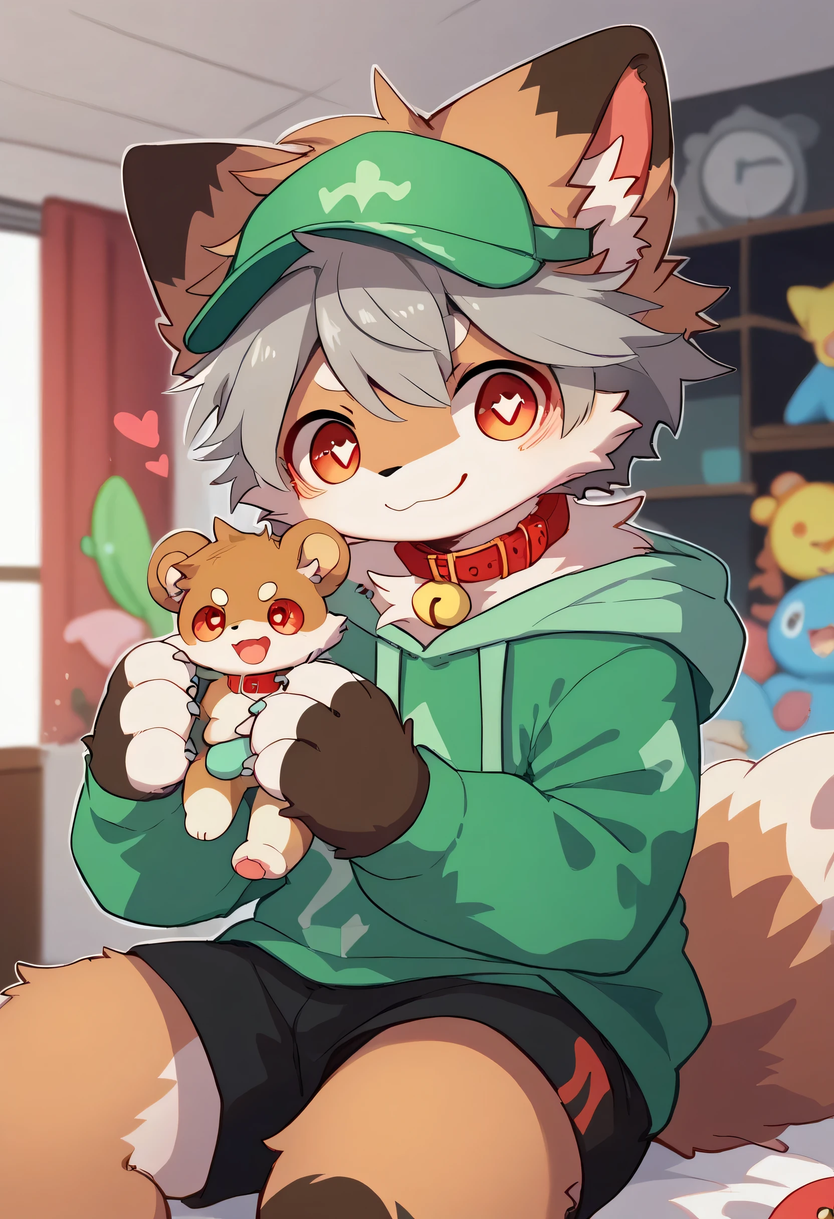   very detailed bustな,  very detailed bust,  brown fur gray hair  ,Brown Hair,,male,骨 を見て excited, heart eyes ,participate, green、white、And a multicolored hat ,  cute face, sitting！,Red collar,Black Ear ,  something like fluffy fur , excited,Horny boy,美しいroom, room ,smile,Dropped ears,  play with toys ! My mental age is   ,want,  black shorts, green and white hoodie 