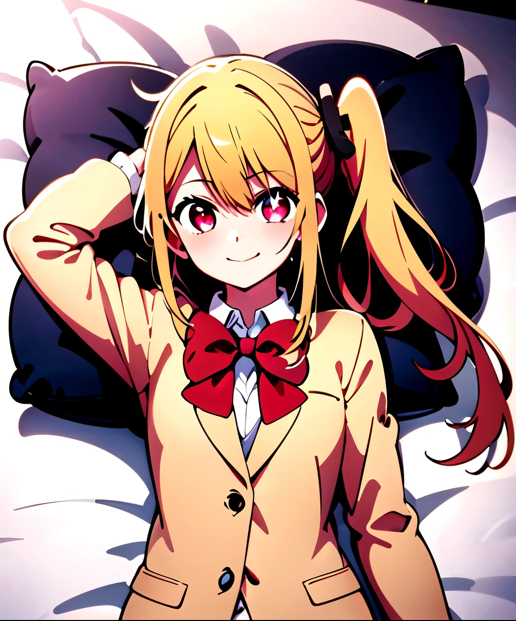 masterpiece,  High Quality ,  high definition ,  1 girl, Alone,
,  red eyes, Blonde,  long hair,  side ponytail ,  side lock, ( eye pupil mismatch , Star-shaped pupil), ( watching viewers against a tropical island in the background:1),
smile, medium breasts,  bed in blackroom, pillow,  bed in black,  bed in black sheet, on  bed in black, On the back, the above, head on pillow, 
 school uniform, uniform 2 ,  shirt, bow,  jacket, white  shirt, collared  shirt, bowtie, red bow,  blazer, blue  jacket,