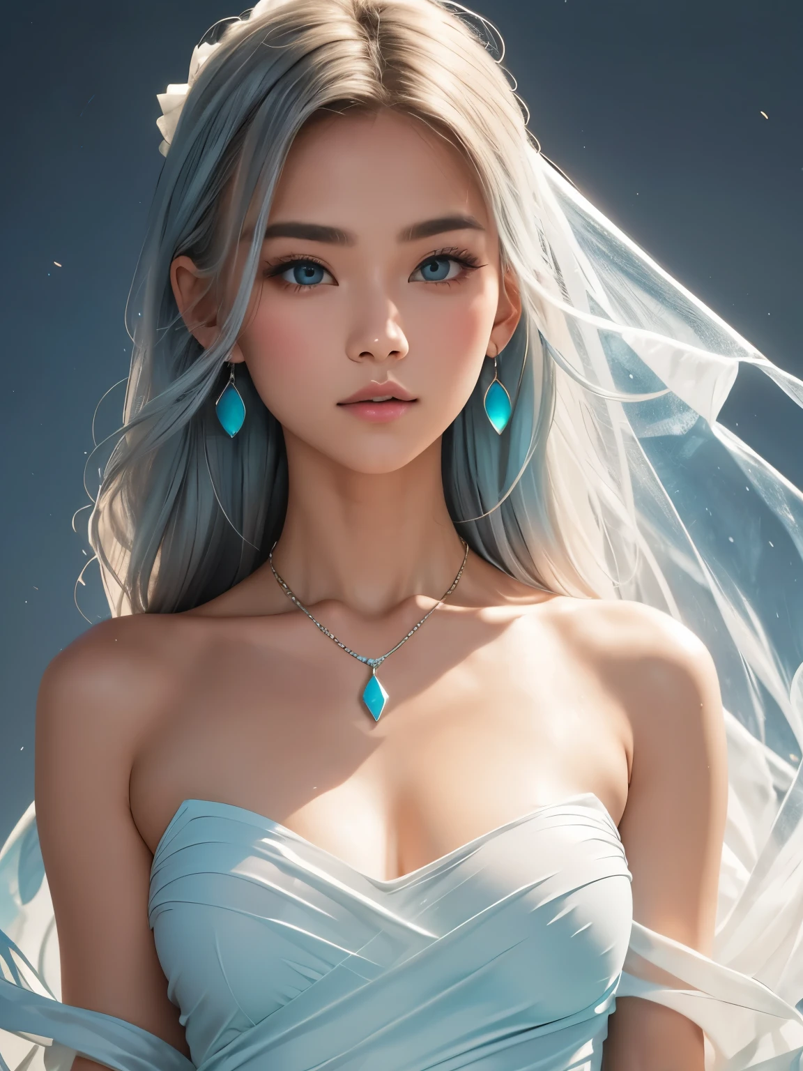 (masterpiece, highest quality:1.2), 8K, 85mm, Raw photo, confused, white and cyan theme, (liquid clothes, liquid dress:1.4), gray hair, gradient dress, delicate girl, Upper body, close your face, shiny skin, teen, looking at the viewer, HDR, sharp focus, particle, dusk sky, shiny skin, small eyes and face, colorful background, simple background、earrings、necklace、clavicle、