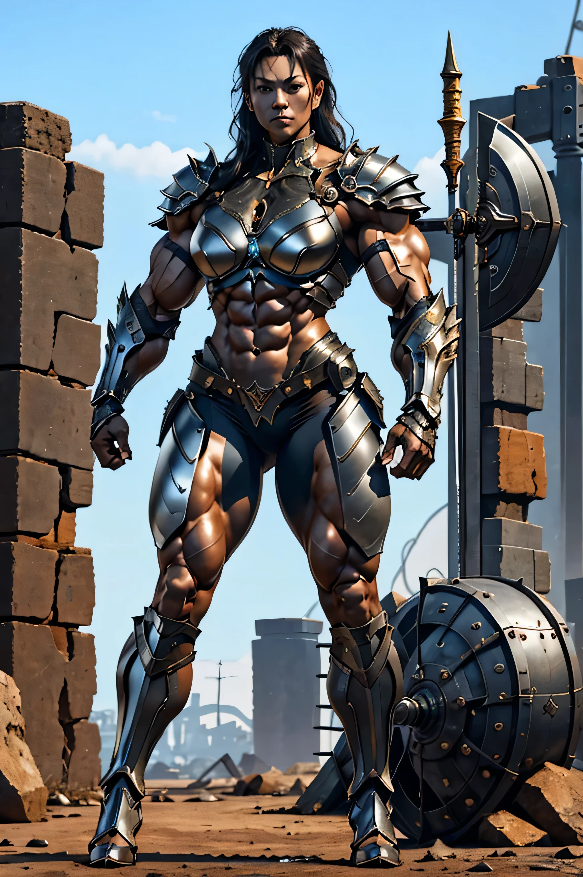 (megan fox:1.25), (muscular:1.5), (full body view:1.25), (masterpiece:1.1), (best quality:1.1), (ornate:1.1), (red and black armor:1.26), (horror:1.0), (esoteric:1.1), (solo:1.4), (dynamic angle:1.0), (cowboy shot:1.0), (woman:1.1),(very muscular bodybuilder girl:1.25), (huge upper body:1.25), (narrow hips:1.0), long hair, (gothic intricate vampiric armor:1.25), (gauntlets:1.0), (shoulder armor:1.1), ((tarot style frame:1.25)), (glowing red eyes:1.25), (huge muscular arms:1.5,), (10-pack abs:1.4), (lots of veins:1.25), thin legs, Realistic, Very detailed face and eyes, masterpiece, (beautiful girl face:1.25)