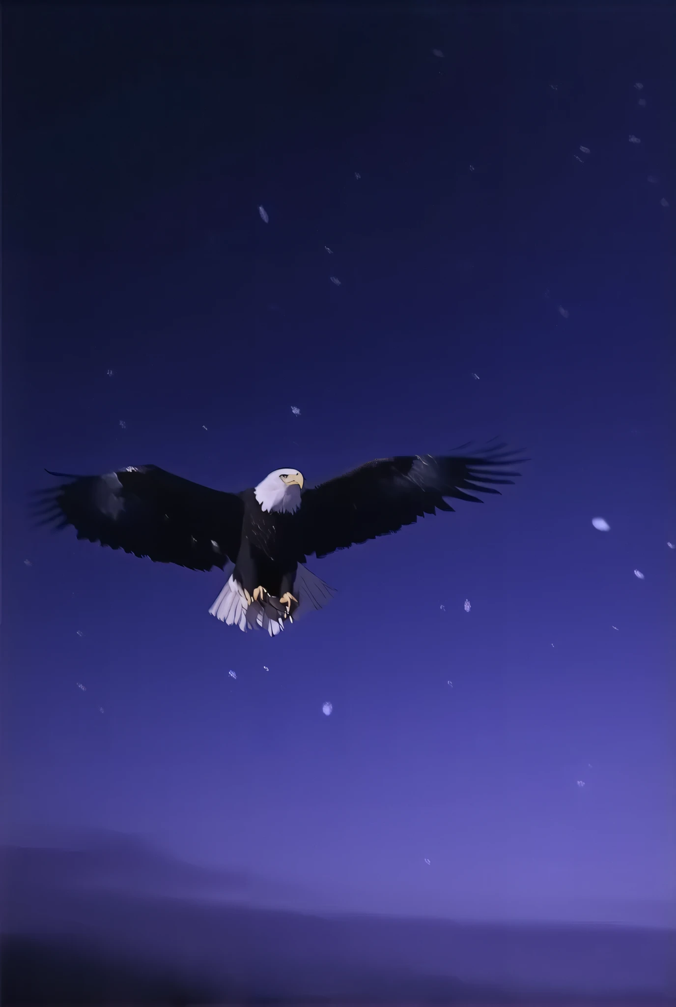 (8k, top quality, Masterpiece , Final Fantasy Style: 1.2),Atmospheric perspective, 8K, Very detailed, , (Composition seen from directly below the front,:1.3), A bald eagle swoops down toward its prey from above with its head down , its claws on both feet wide open., keen eyes, dynamic, ferocious, murderous, Moonlit night, clear air, night fog, sparkling ice particles in the air, , The sky turns eerily purple