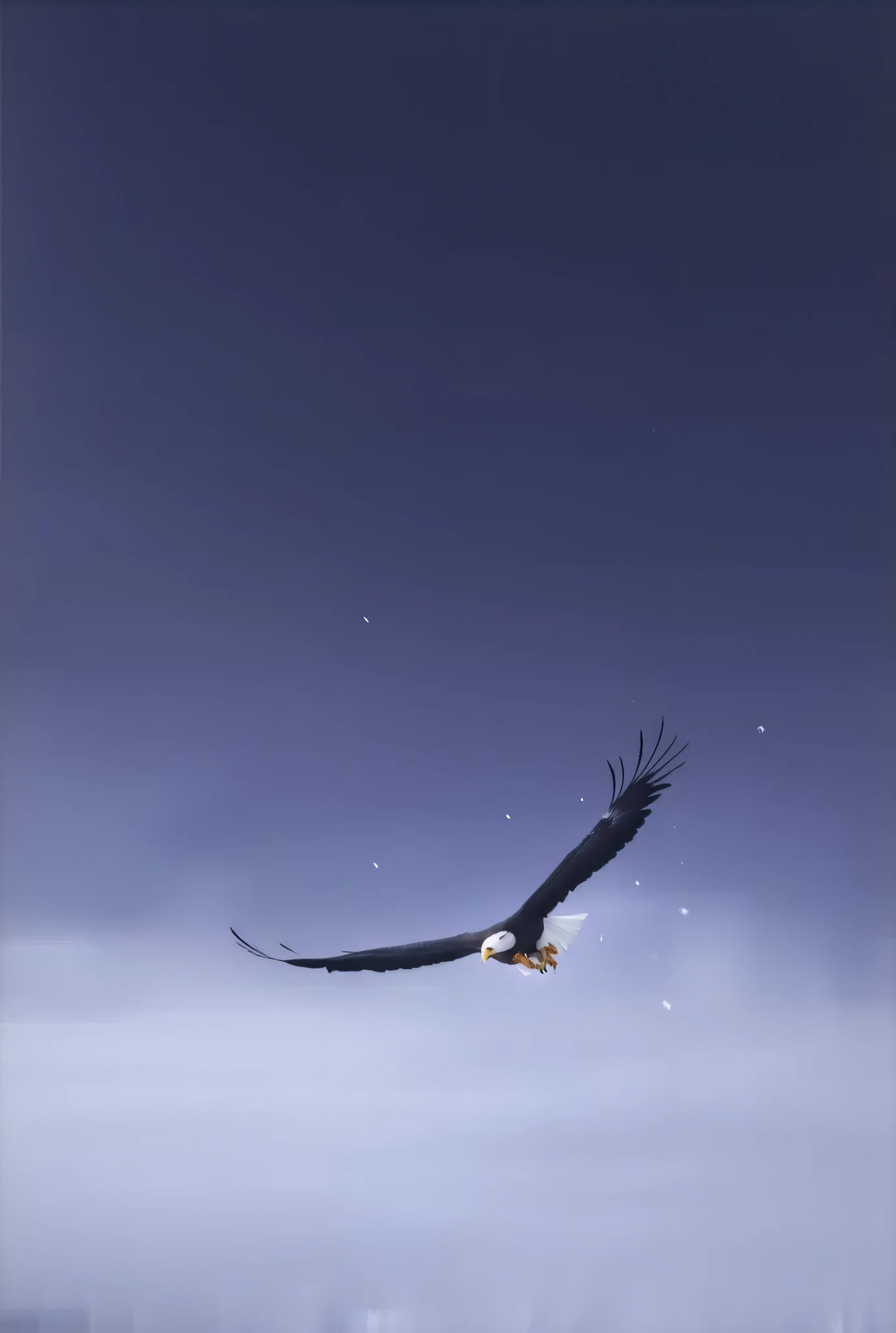 (8k, top quality, Masterpiece , Final Fantasy Style: 1.2),Atmospheric perspective, 8K, Very detailed, , (Composition seen from directly below the front,:1.3), A bald eagle swoops down toward its prey from above with its head down , its claws on both feet wide open., keen eyes, dynamic, ferocious, murderous, Moonlit night, clear air, night fog, sparkling ice particles in the air, , The sky turns eerily purple